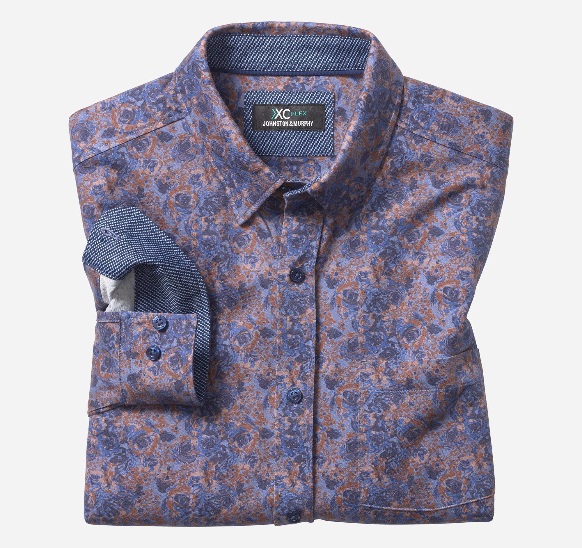 Wholesale,Johnston & Murphy, Johnston & Murphy Navy/Brown Floral Stretch Shirt, Blue, Small-42-TagSMedium-45-TagMLarge-48-TagLExtra Large-51-TagXLExtra Extra Large-54-TagXXL