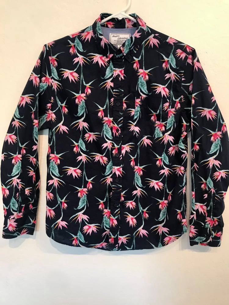 Brand Partner,Modern Liberation, Modern Liberation Navy Birds Of Paradise Print Button Up Shirt, Blue, Medium-44-TagM