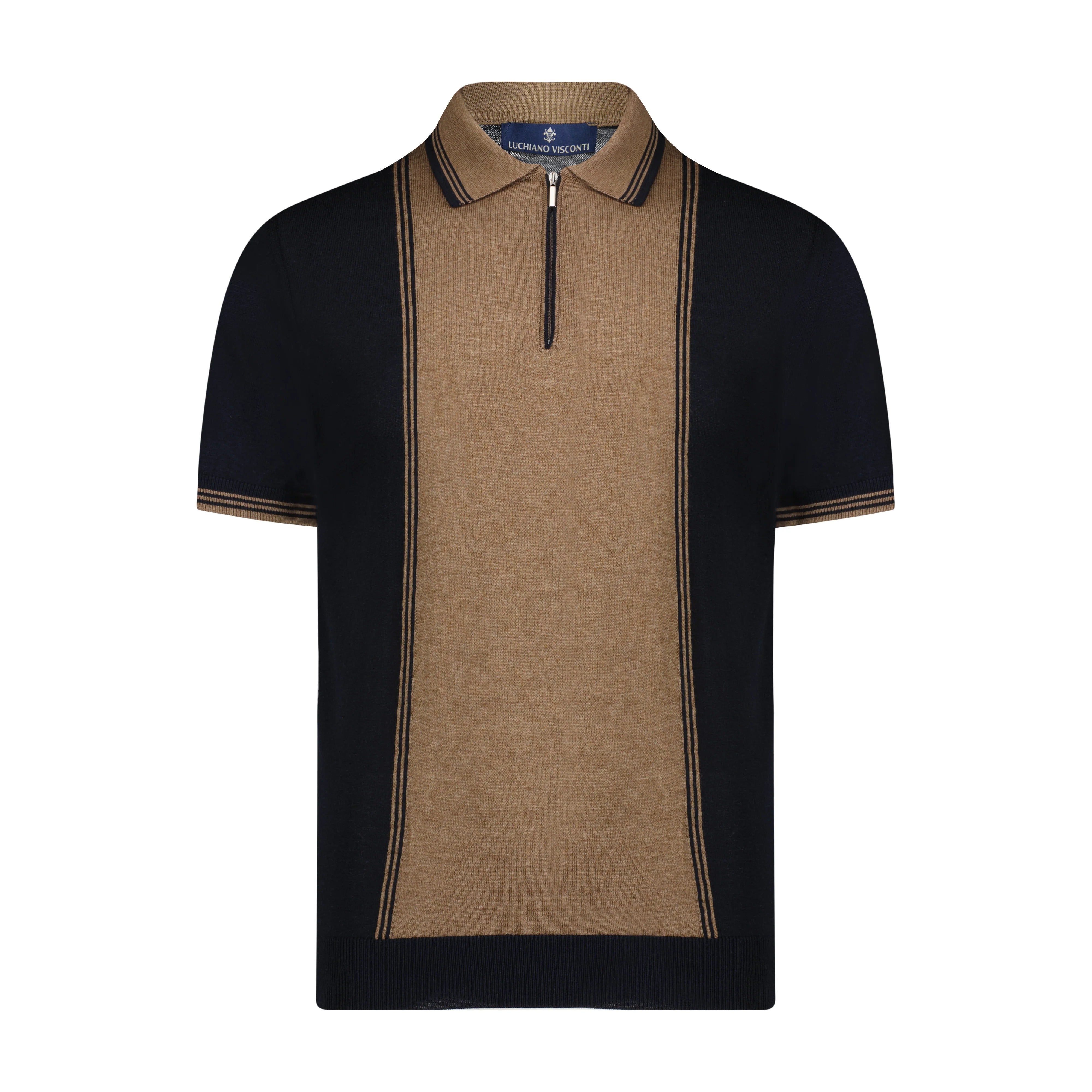 Wholesale,Luchiano Visconti, Luchiano Visconti Navy with Tan Wide Front Panel Qtr Zip Short Sleeve Knit Polo, Tan, Small-39-TagSMedium-40-TagMLarge-42-TagLExtra Large-44-TagXLExtra Extra Large-45-TagXXL