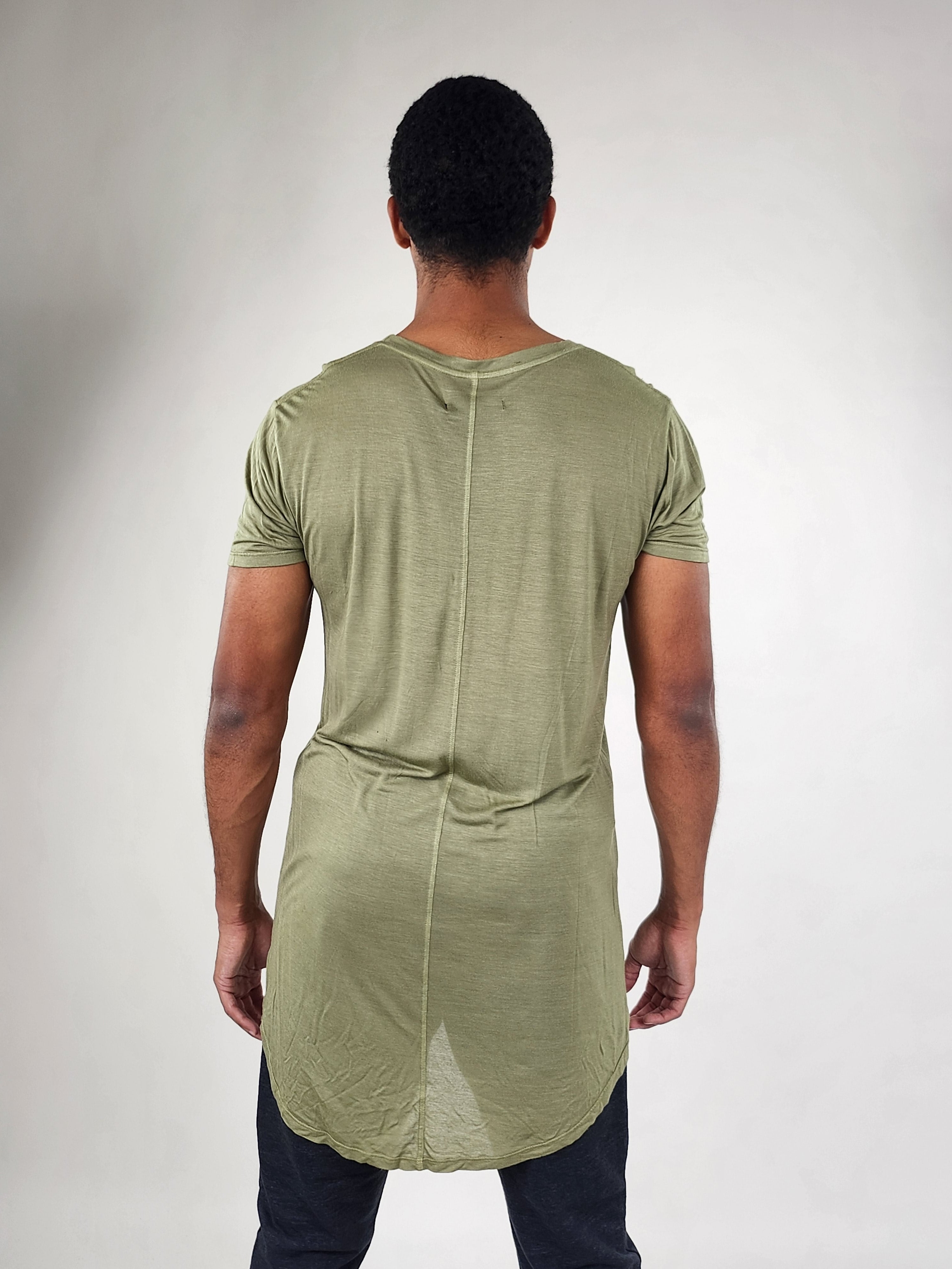 Wholesale,Reesedeluca, Reese De Luca Olive Short Sleeve T-Shirt with Droptail Hem, Green, Medium-41-TagM