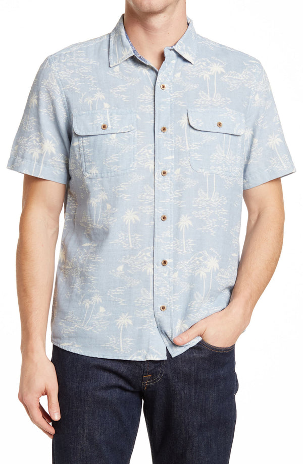 Tailor Vintage Blue Palm Tree Print Short Sleeve Button Up Shirt