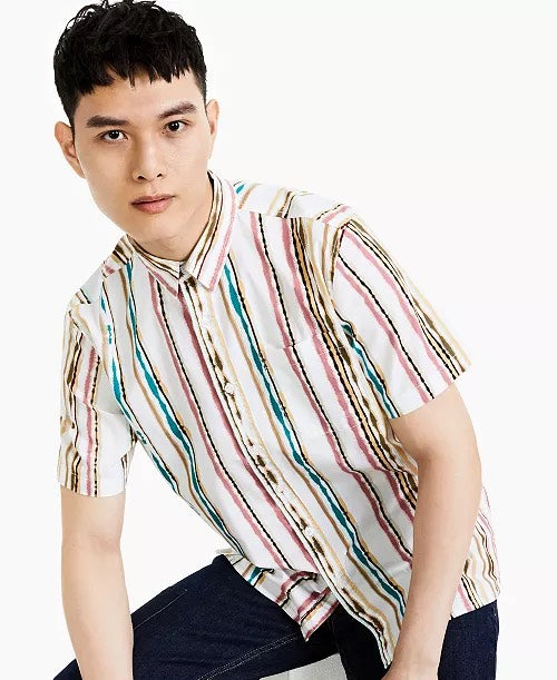 Sun + Stone Cream Abstract Stripe Short Sleeve Button Up Shirts