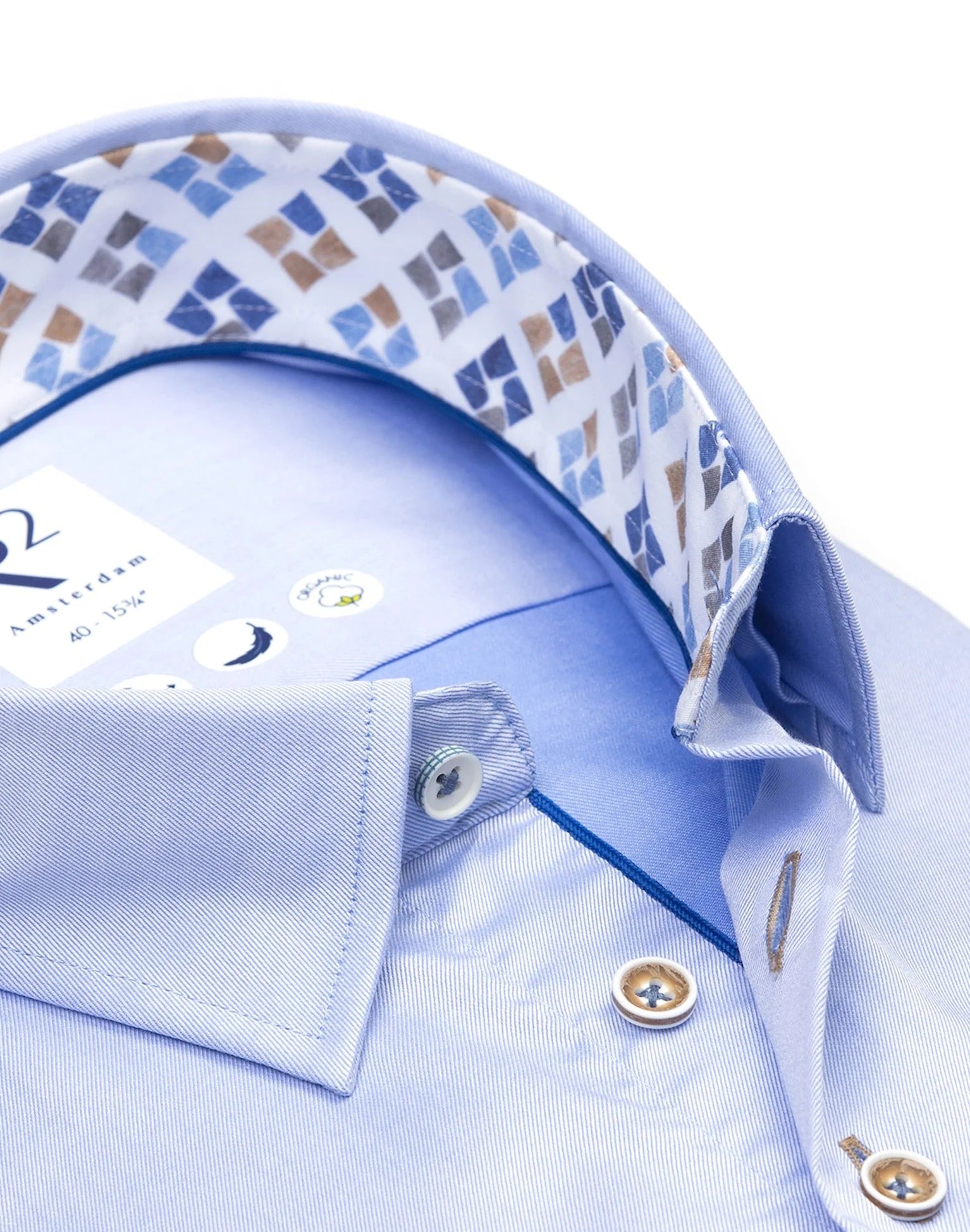 Brand Partner,R2 Amsterdam, R2 Amsterdam Light Blue 2 PLY Long Sleeve Button Up Shirt with Blue and Beige Print Contrast, Blue, Extra Large-50-Tag44