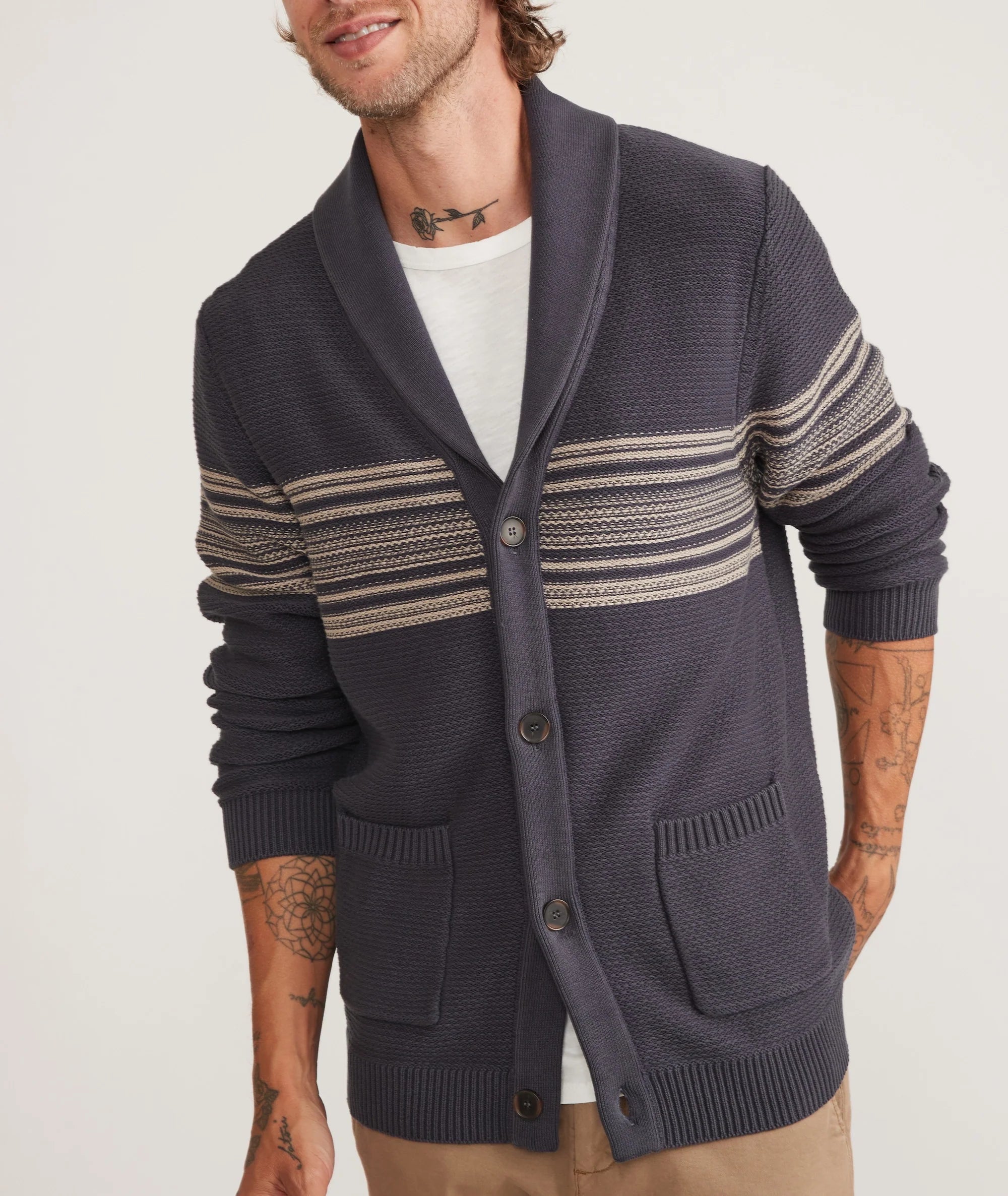 Wholesale,Marine Layer, Marine Layer Blue w/Stripe Cotton Shawl Cardigan, Blue, Medium-45-TagM