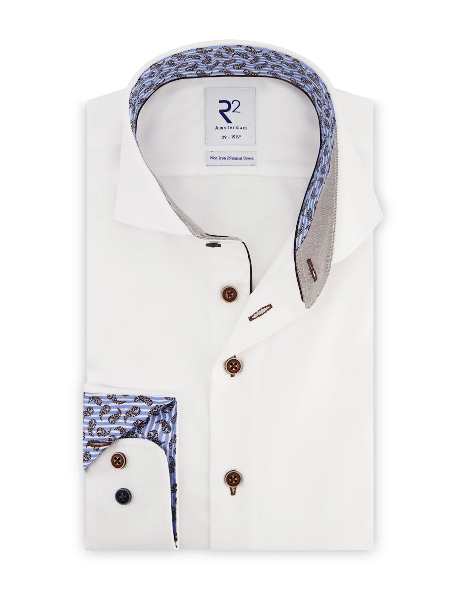 Brand Partner,R2 Amsterdam, R2 Amsterdam White Long Sleeve Button Up Shirt with Paisley Collar Contrast, White, Large-47-Tag43Large-46-Tag42Extra Large-50-Tag44Medium-42-Tag40