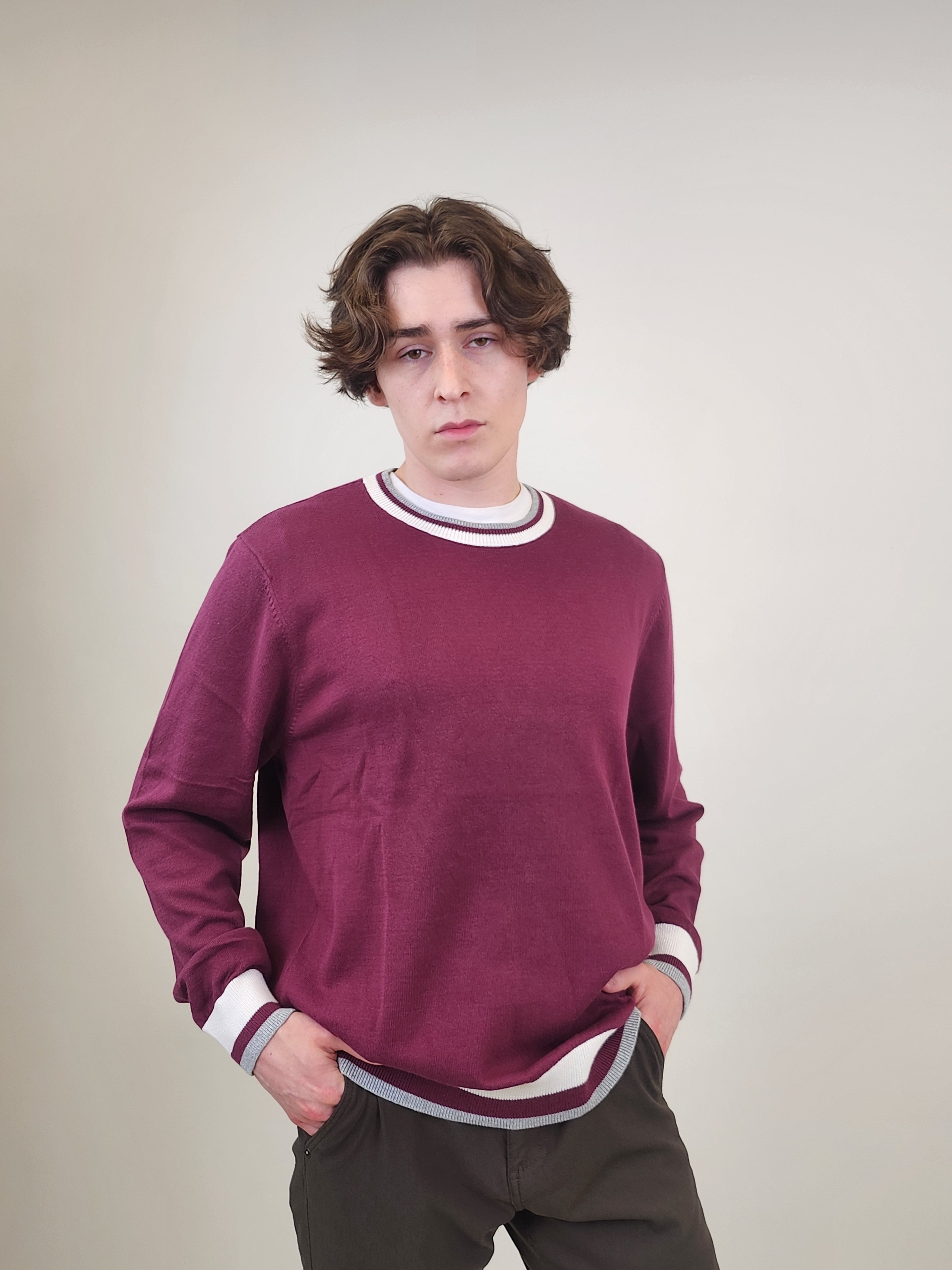 Wholesale,Bonobos, Bonobos Burgundy Knit Crewneck Golf Sweater with White Contrast, Red, Large-46-TagL