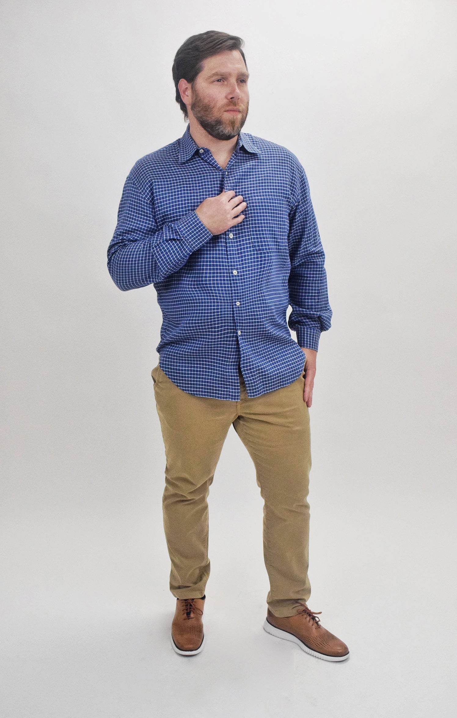 The RealReal, Barney's New York Blue Mini Grid Print Button Up Shirt, Blue, Extra Large-48-TagXL