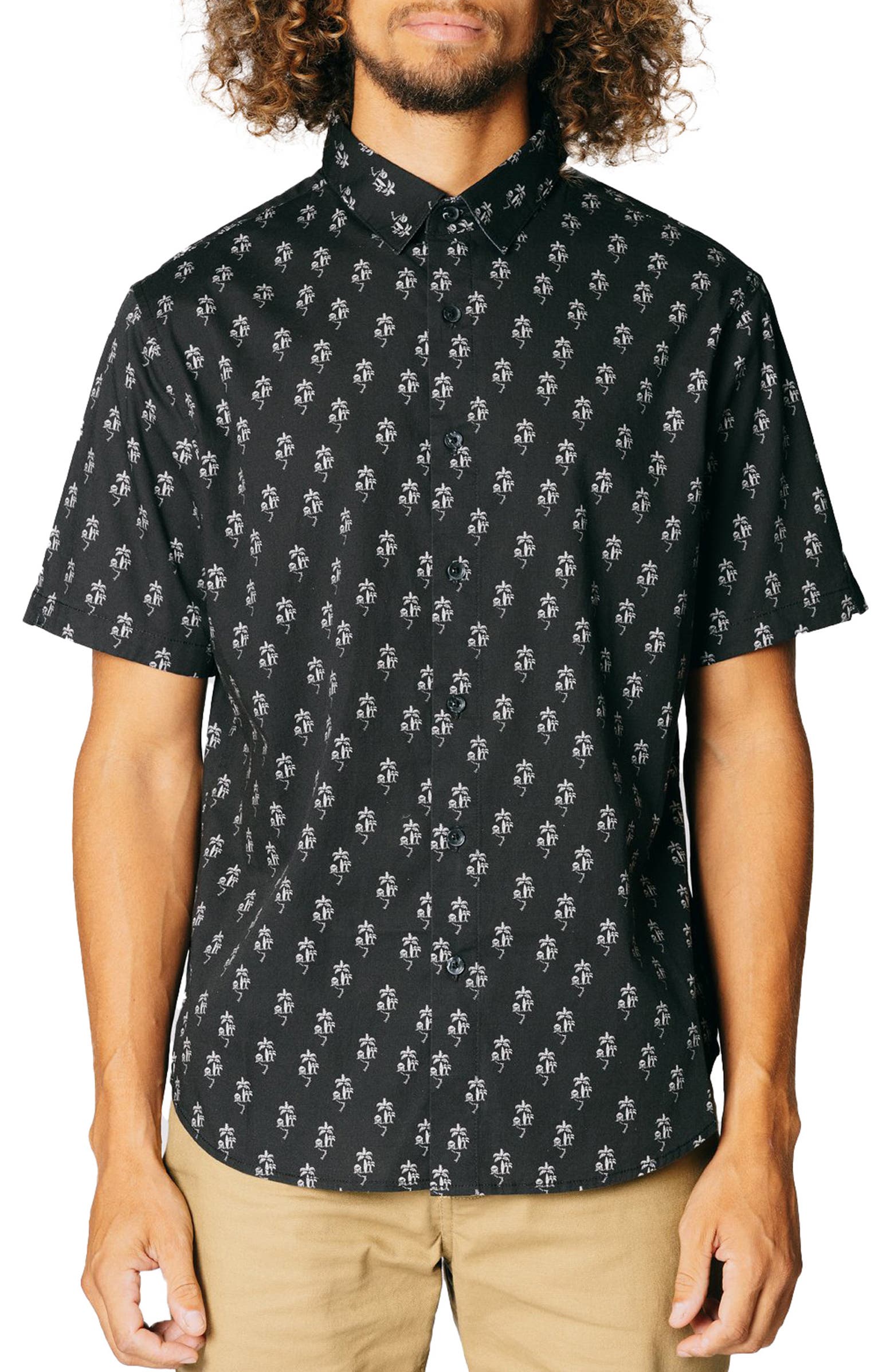 Nordstrom Rack, Fundamental Coast Black Summer Print Short Sleeve Button Up Shirt, Black, Small-42-TagS