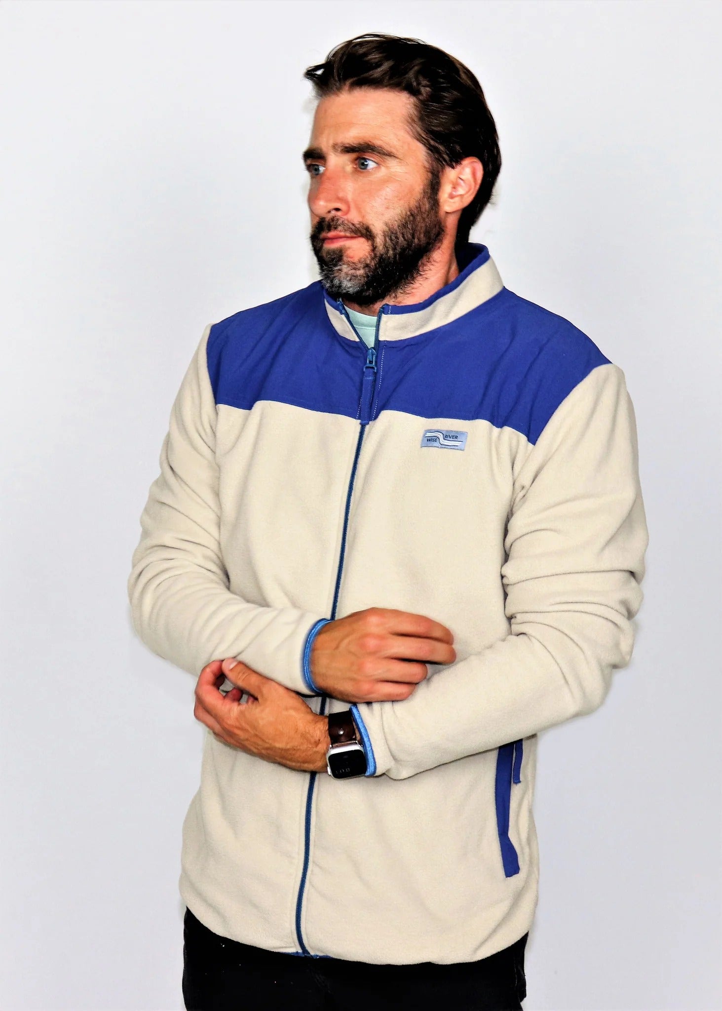 Brand Partner,Wise River, Wise River Cream/Blue Full Zip Fleece Jacket, Cream, Medium-42-TagM