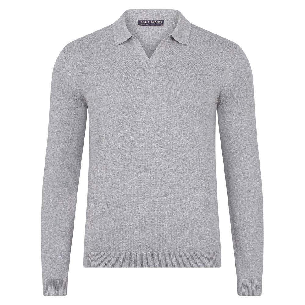 Faire,Paul James, Paul James Grey Buttonless Longsleeve Knit Polo, Grey, Small-40-TagS