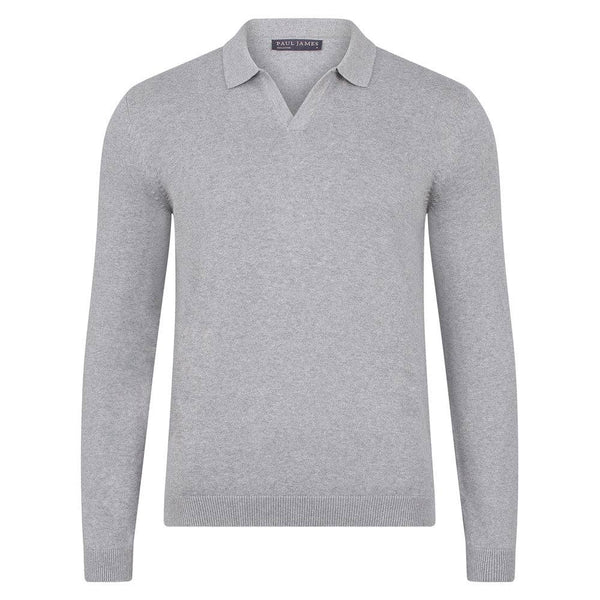 Paul James Grey Buttonless Longsleeve Knit Polo