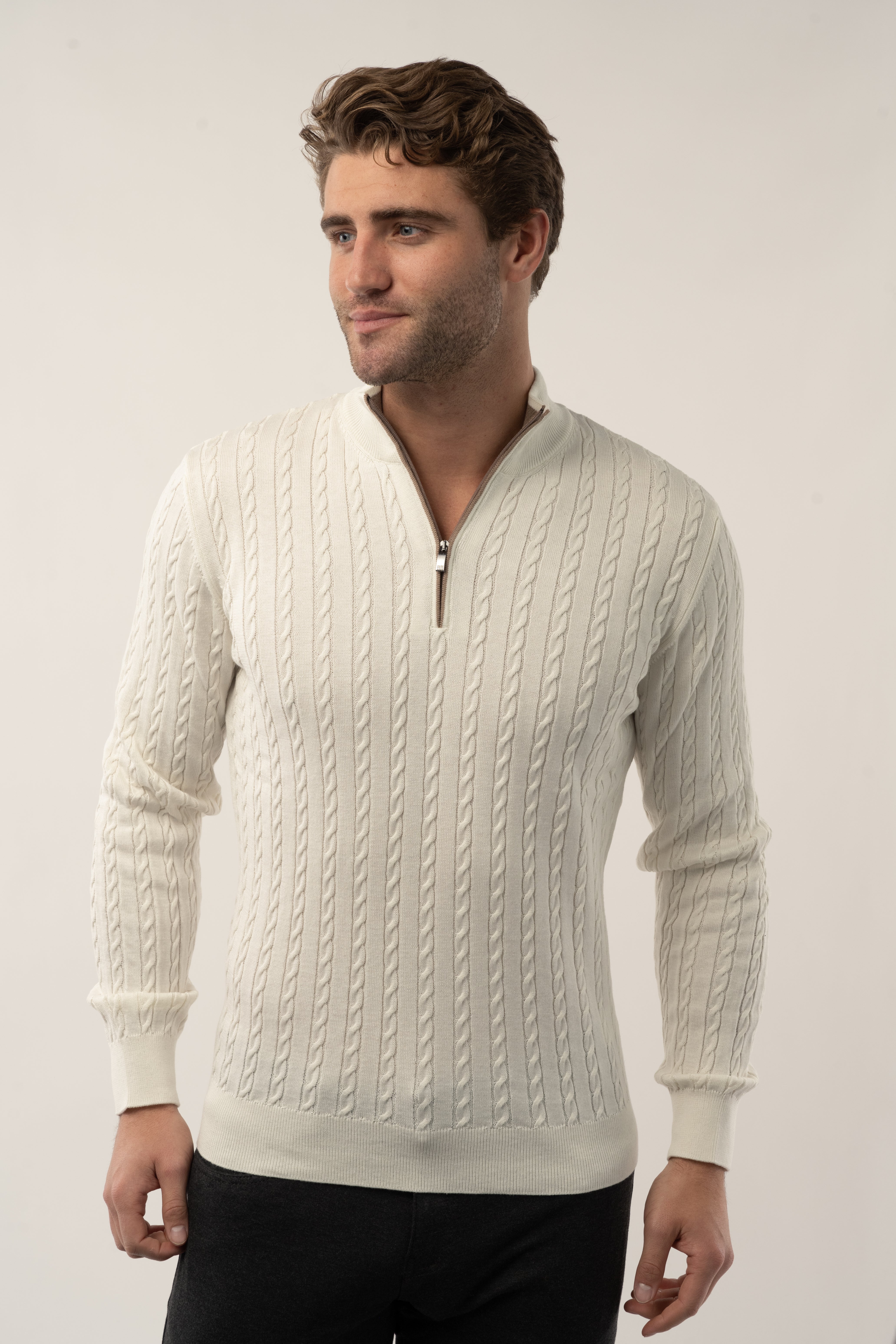 Wholesale,Luchiano Visconti, Luchiano Visconti Cream Quartz Zip Cable Long Sleeve Pullover, Cream, Medium-42-TagXL