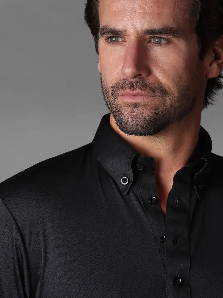 Collars & Co, Collars & Co Black 4-Way Stretch Short Sleeve Button Down Polo With Stiff Collar, Black, Extra Extra Large-51-TagXXL