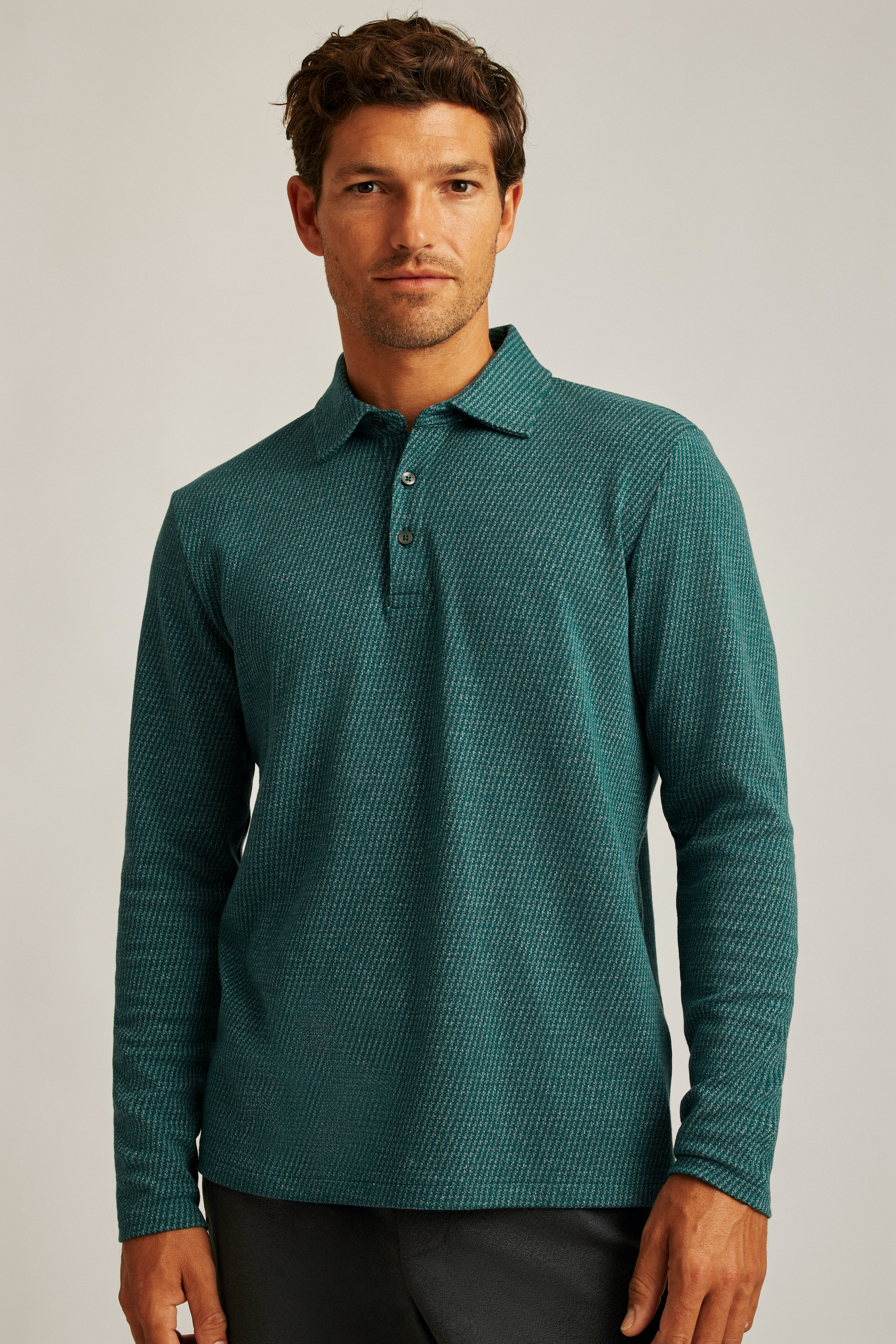 Wholesale,Bonobos, Bonobos Deep Teal Puppytooth Luxe Long Sleeve Polo, Green, Small-38-TagSMedium-41-TagMLarge-44-TagLExtra Large-47-TagXLExtra Extra Large-50-TagXXL