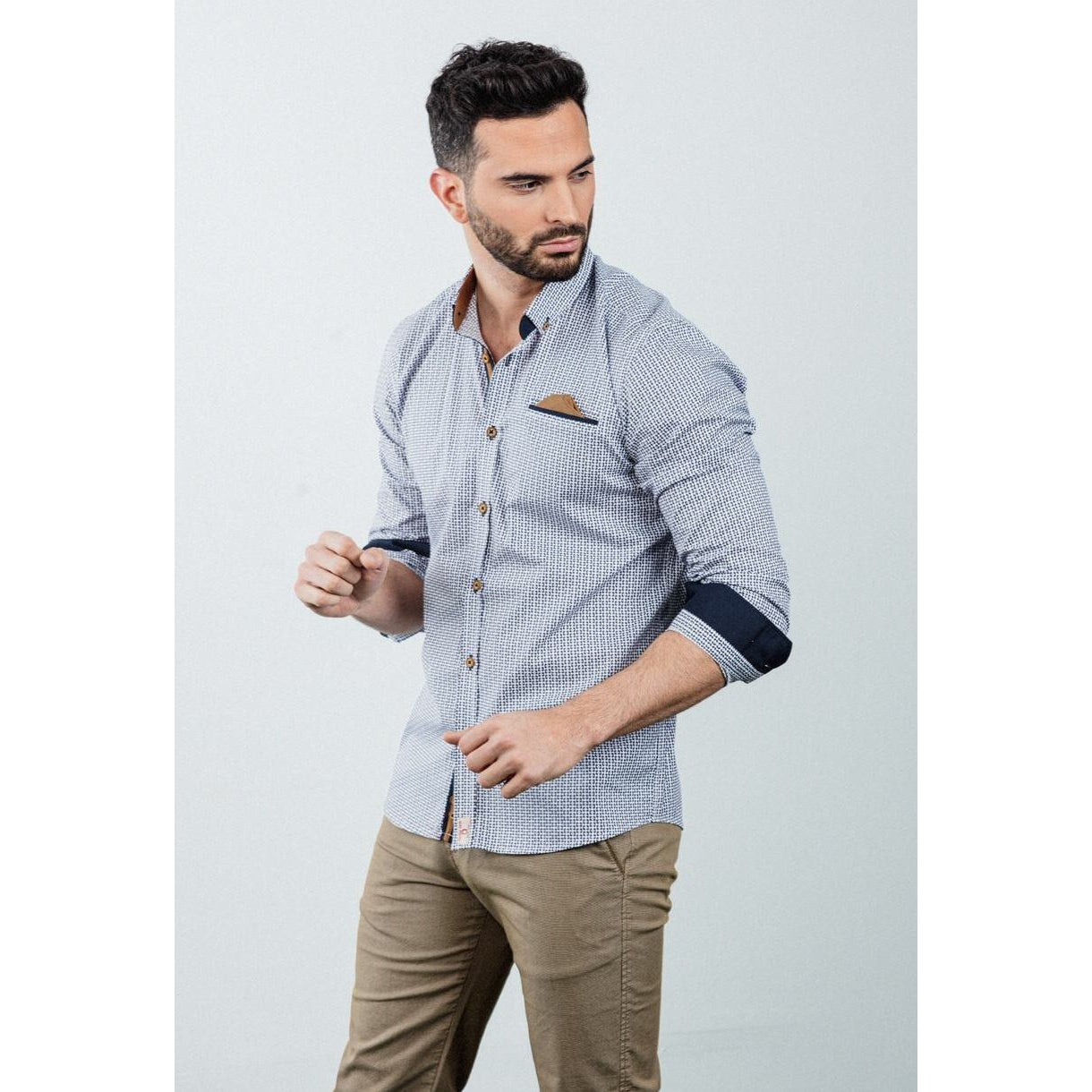 Faire,Yellow Skin, Yellow Skin Navy Drawing Print Button Up Shirt, Blue, Small-40-TagS