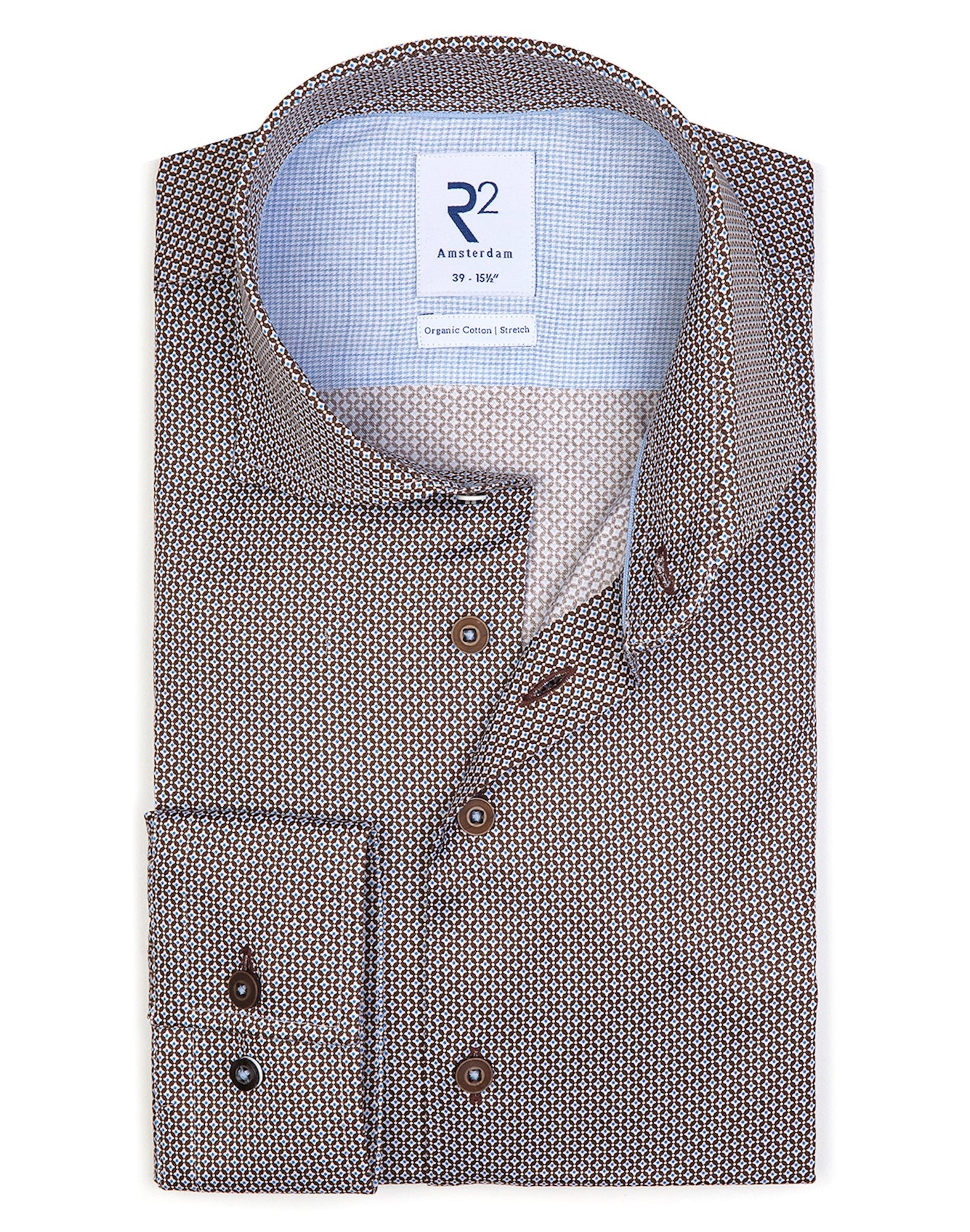 Brand Partner,R2 Amsterdam, R2 Amsterdam Brown Geo Print Long Sleeve Button Up Shirt, Brown, Extra Large-51-Tag45