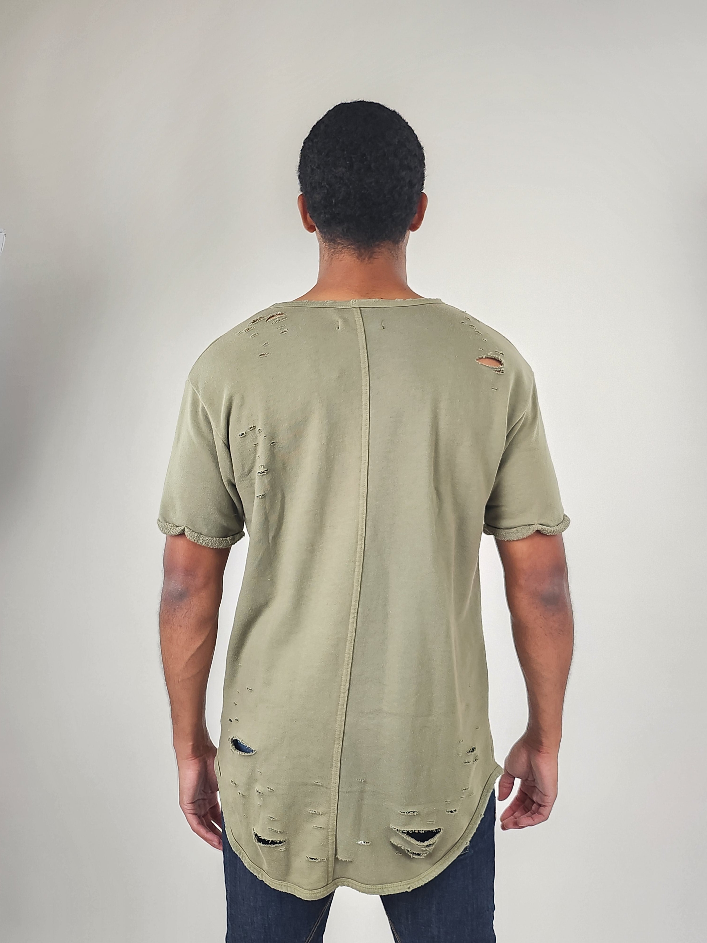 Wholesale,Reesedeluca, Reese De Luca Olive Green Short Sleeve Ripped T-Shirt, Green, Medium-43-TagM