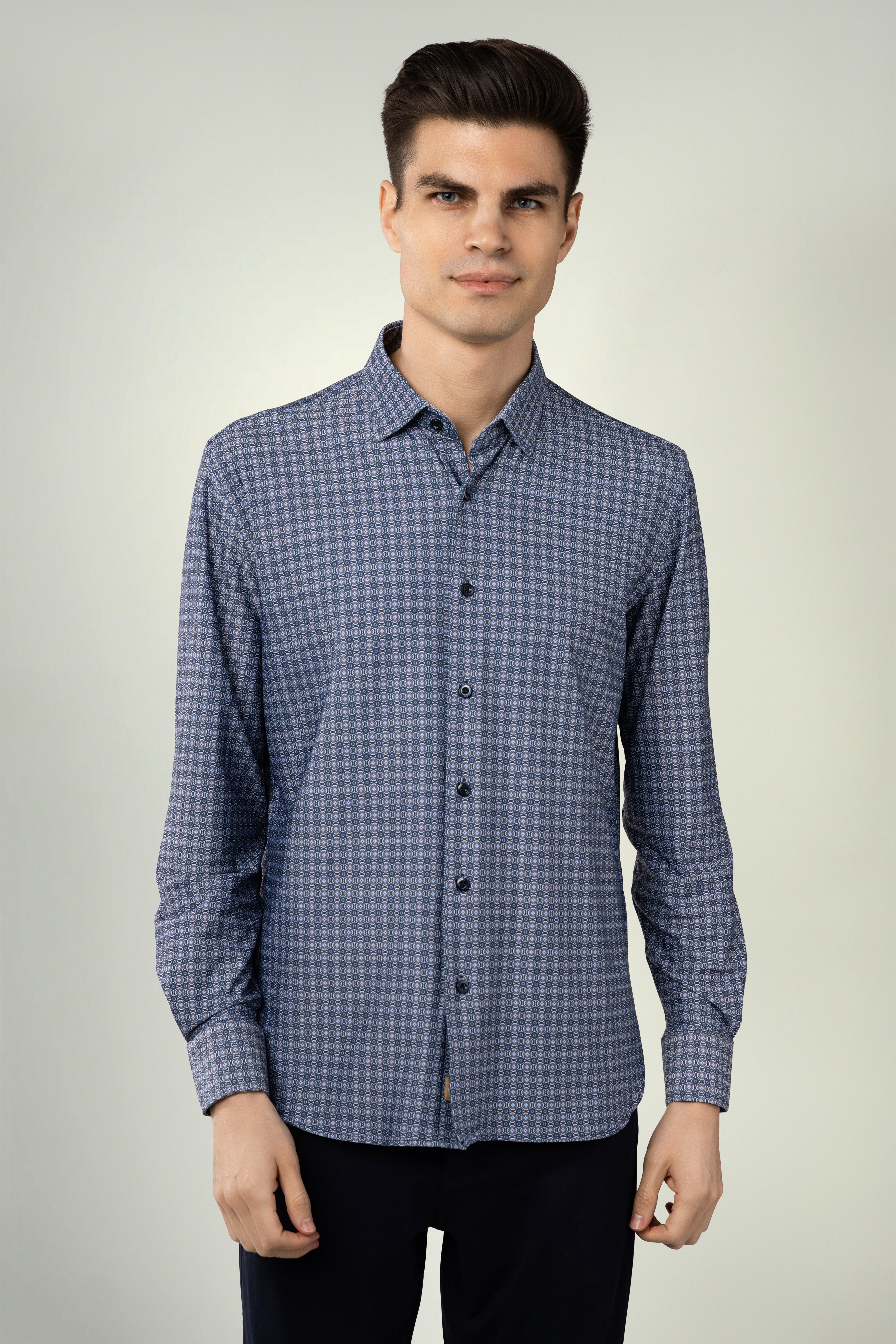Wholesale,Luchiano Visconti, Luchiano Visconti Navy Floral Geo Print 4 Way Stretch Long Sleeve Shirt, Blue, Extra Large-48-TagXL