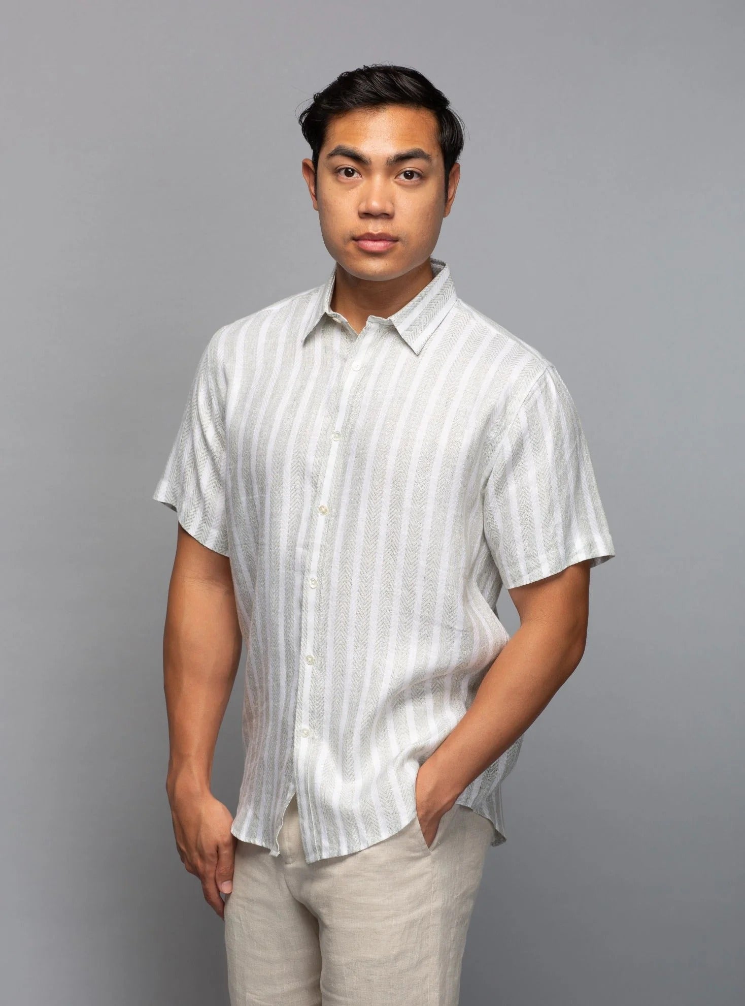 Brand Partner,Stitch Note, Stitch Note Green Yarn Dyed  Stripe The Redford Short Sleeve Shirt, Green, Extra Large-47-TagXL