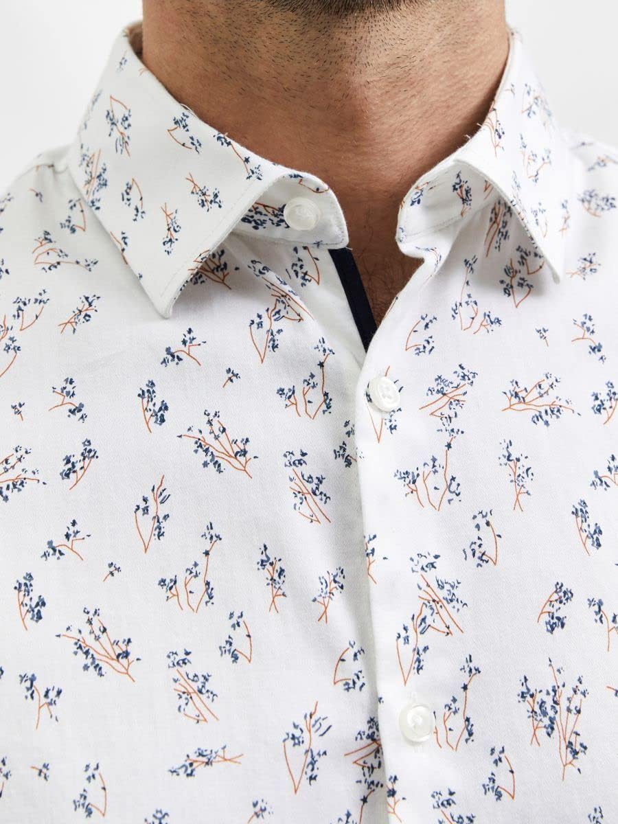 Wholesale,Selected Homme, Selected Homme White Floral Print Long Sleeve Shirt, White, Medium-42-TagM