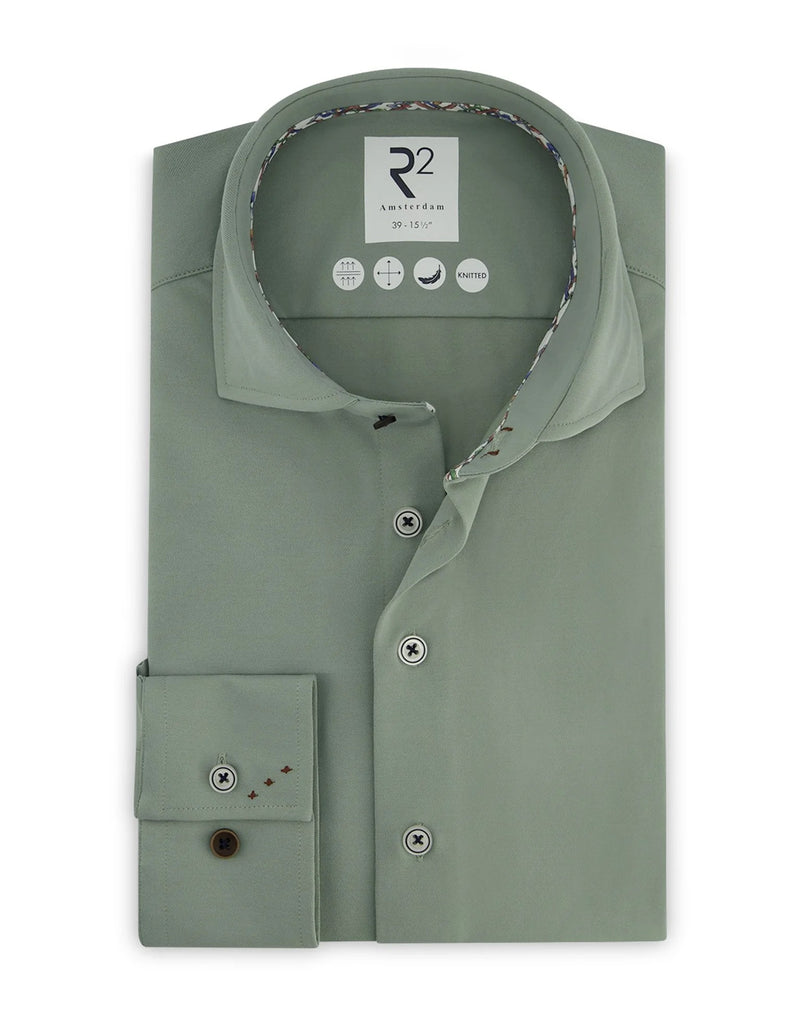 R2 Amsterdam Pastel Green Knitted Long Sleeve Button Up Shirt