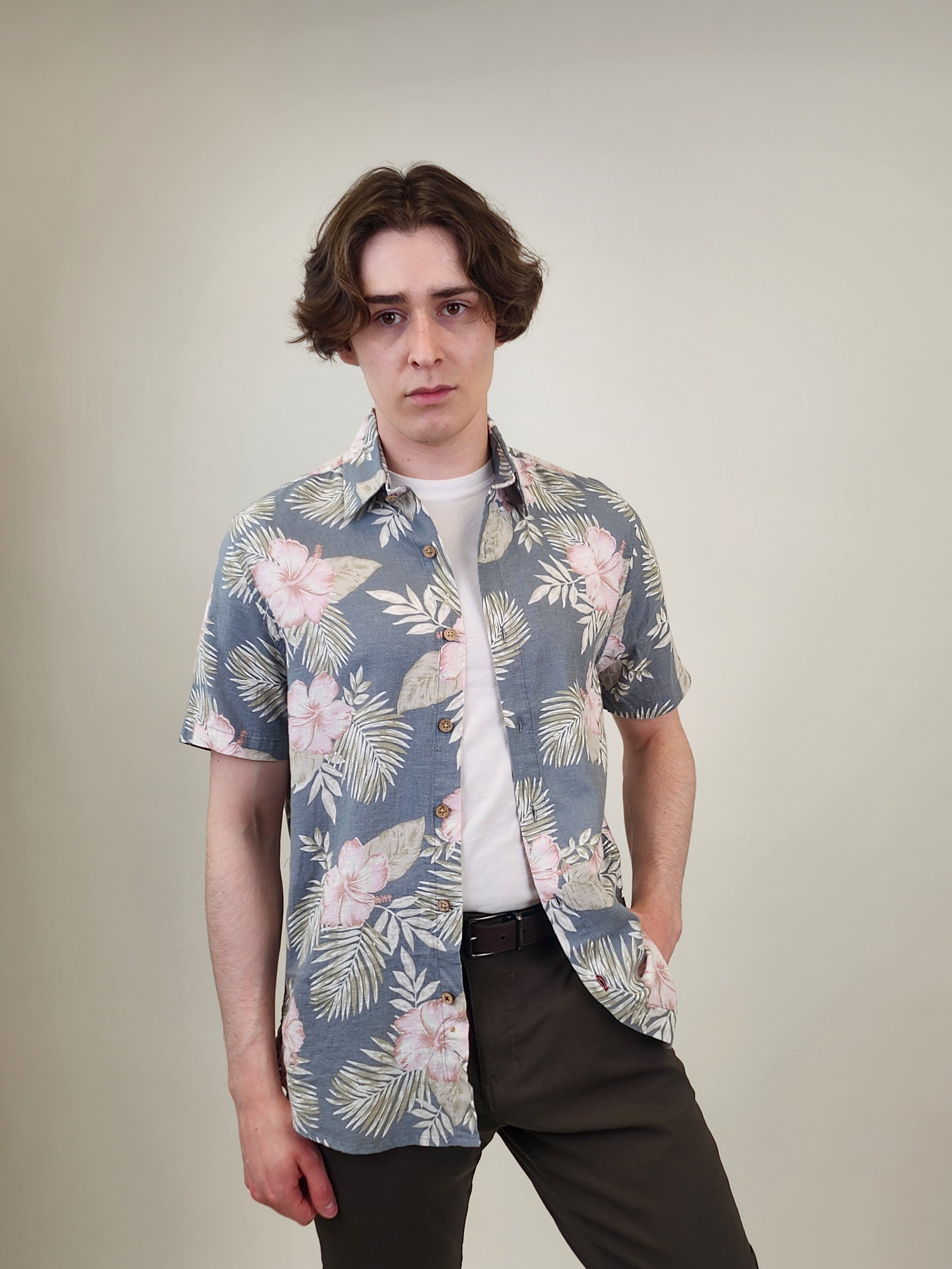 Wholesale,Projek Raw, Projek Raw Charcoal/Pink Tropical Linen Blend Short Sleeve Shirt, Grey, Large-46-TagL