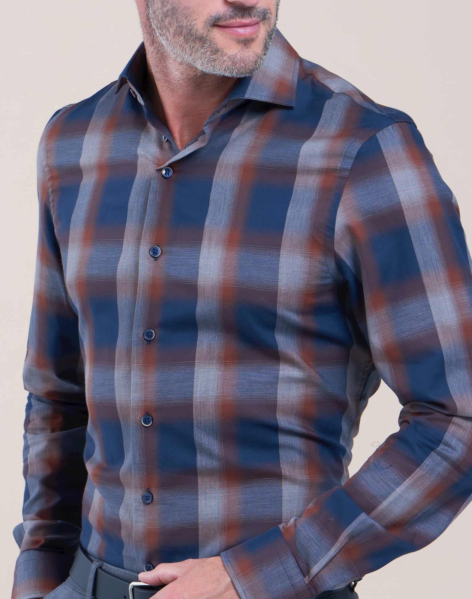 Brand Partner,R2 Amsterdam, R2 Amsterdam Navy/Rust Checkered Long Sleeve Button Up Cotton Shirt, Blue, Small-41-Tag39