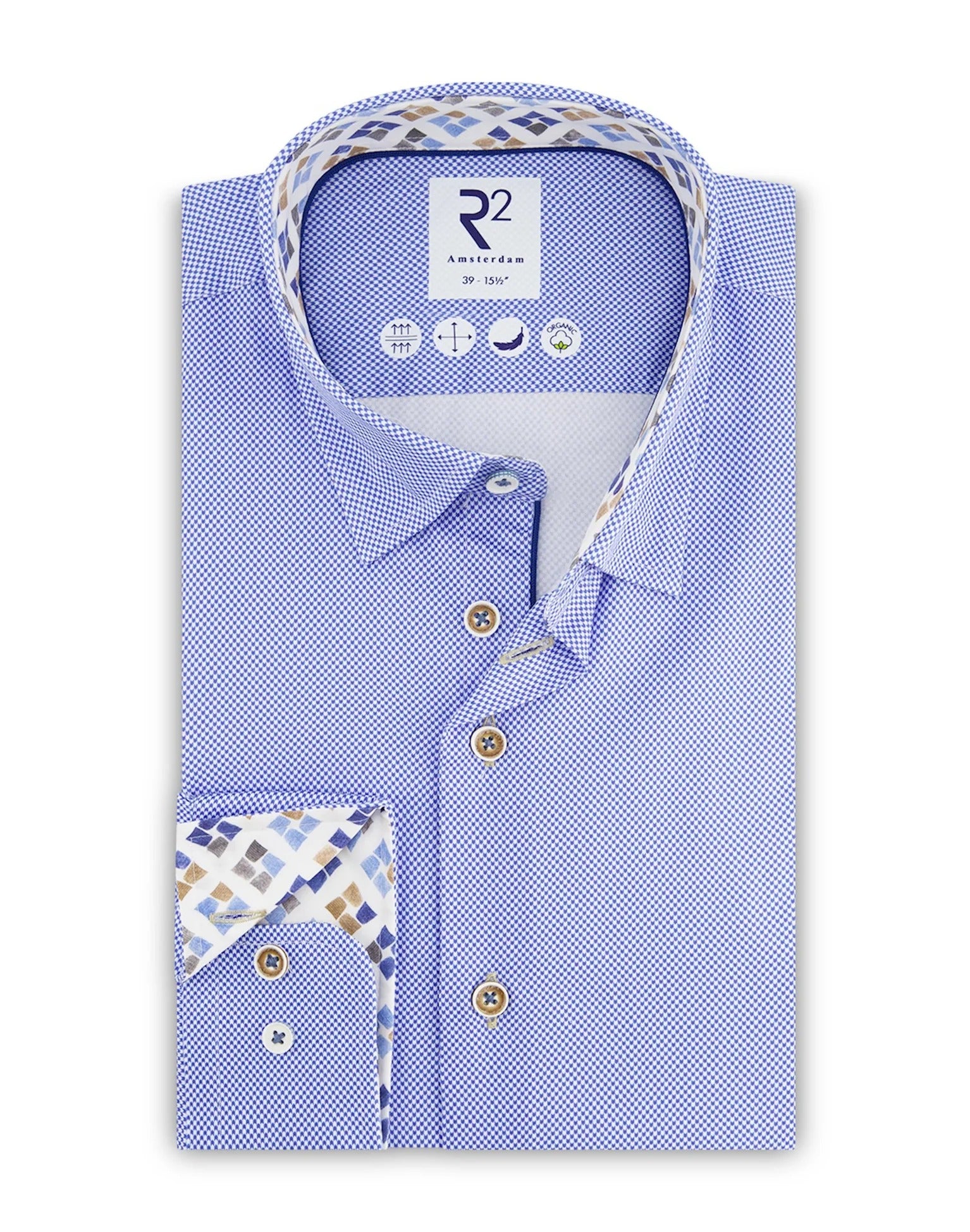 Brand Partner,R2 Amsterdam, R2 Amsterdam Blue Bird's Eye 2 PLY Long Sleeve Button Up Shirt with Cup Print Contrast, Blue, Extra Large-50-Tag44
