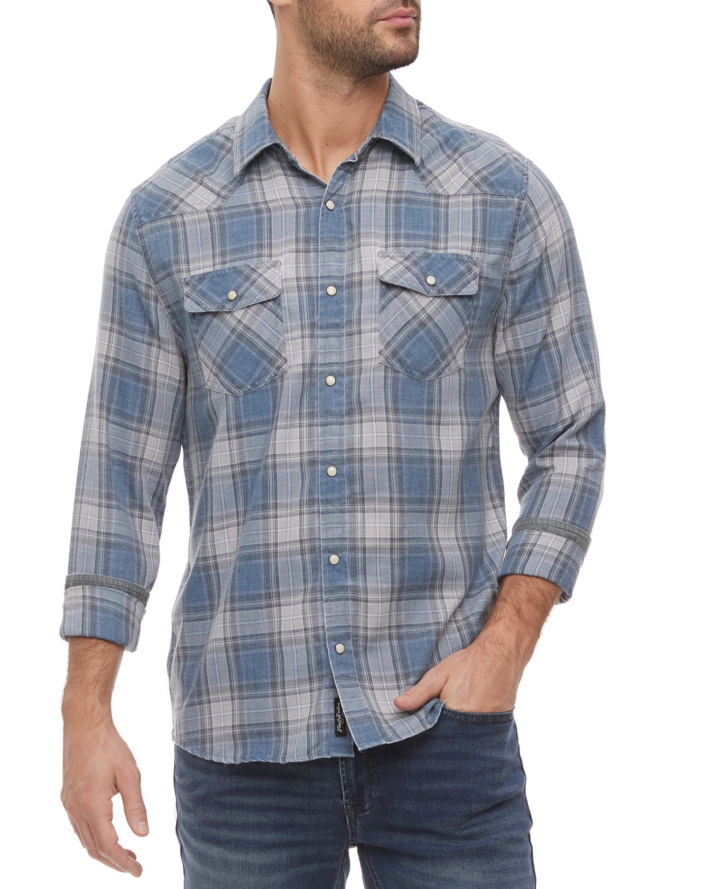 Wholesale,Flag & Anthem, Flag & Anthem Navy/Slate Plaid Vintage Soft Shirt, Blue, Medium-42-TagM