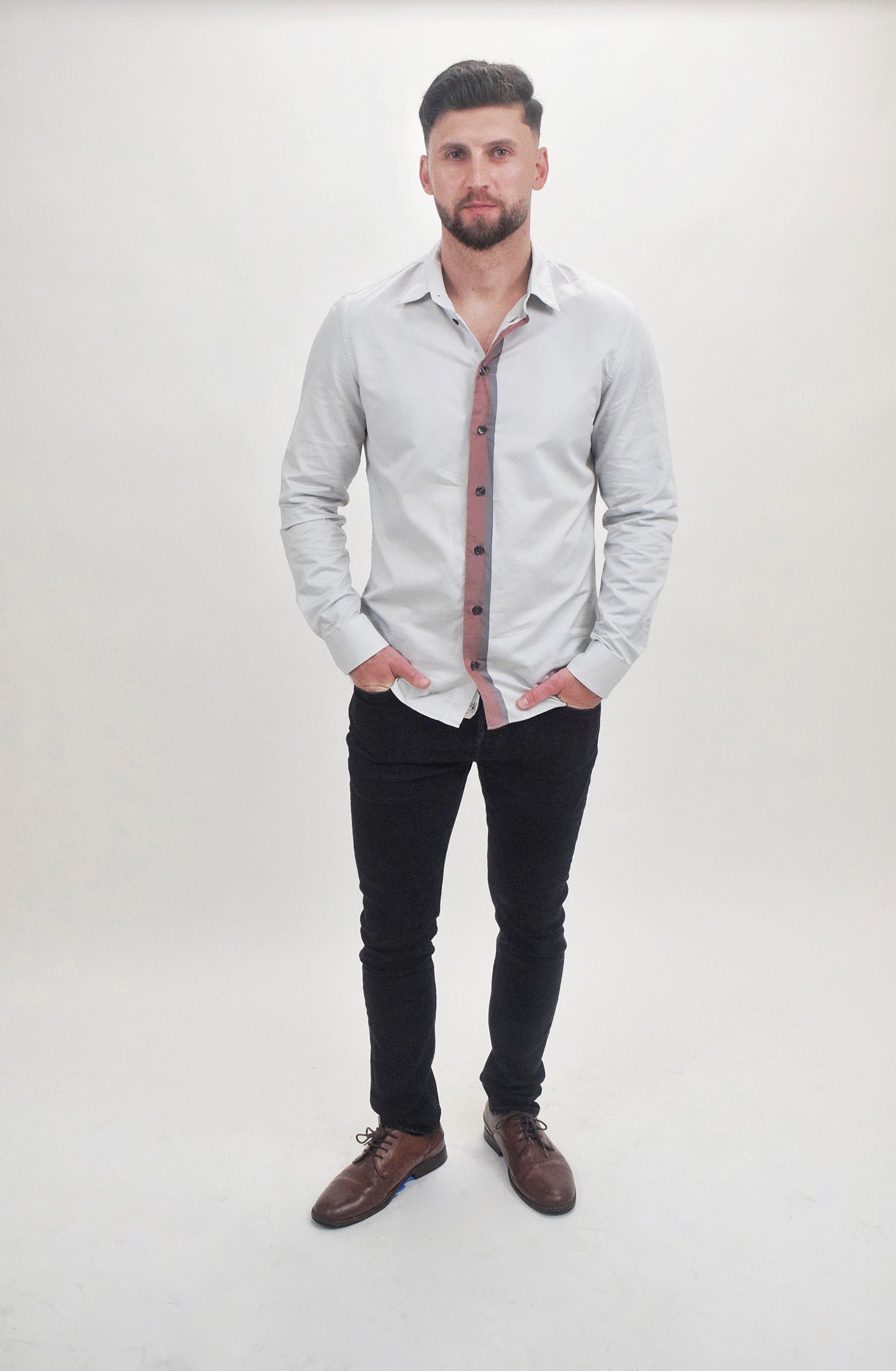 The RealReal,Armani Collezioni, Armani Solid Grey Red Closure Button Up Shirt, White, Large-45-TagL