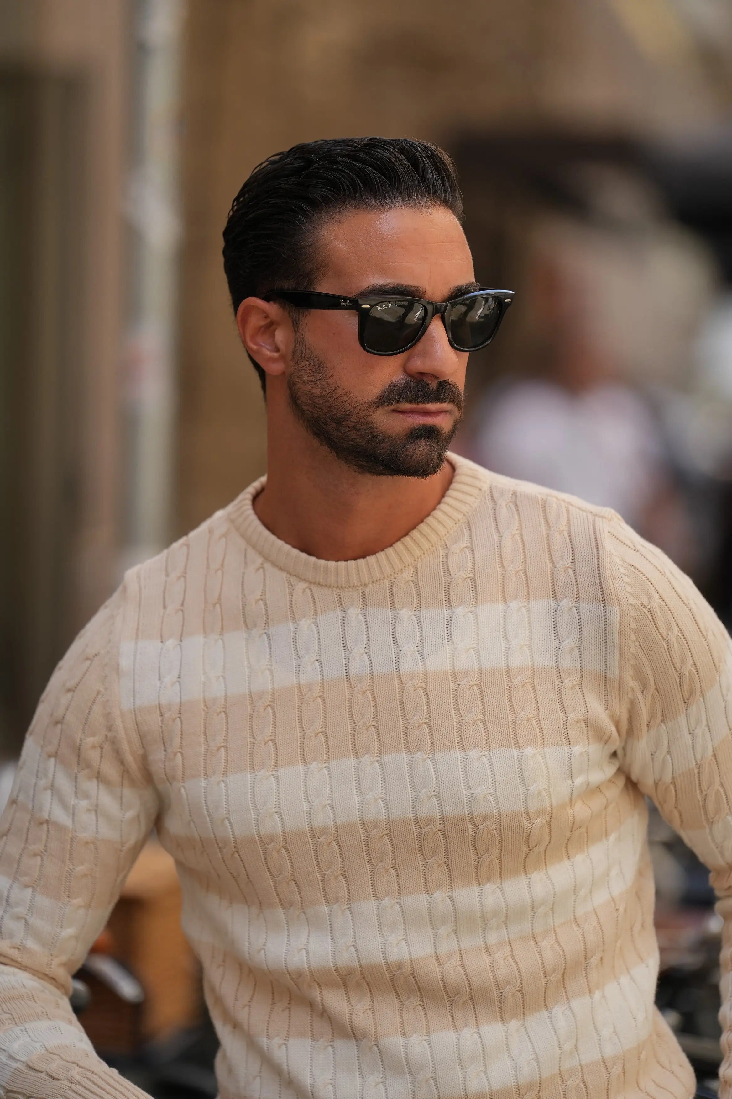 Faire,Donato, Donato Cream/White Cable Knit Stripe Cotton Sweater, Cream, Medium-42-TagXL