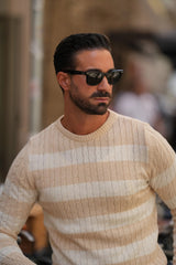Donato Cream/White Cable Knit Stripe Cotton Sweater