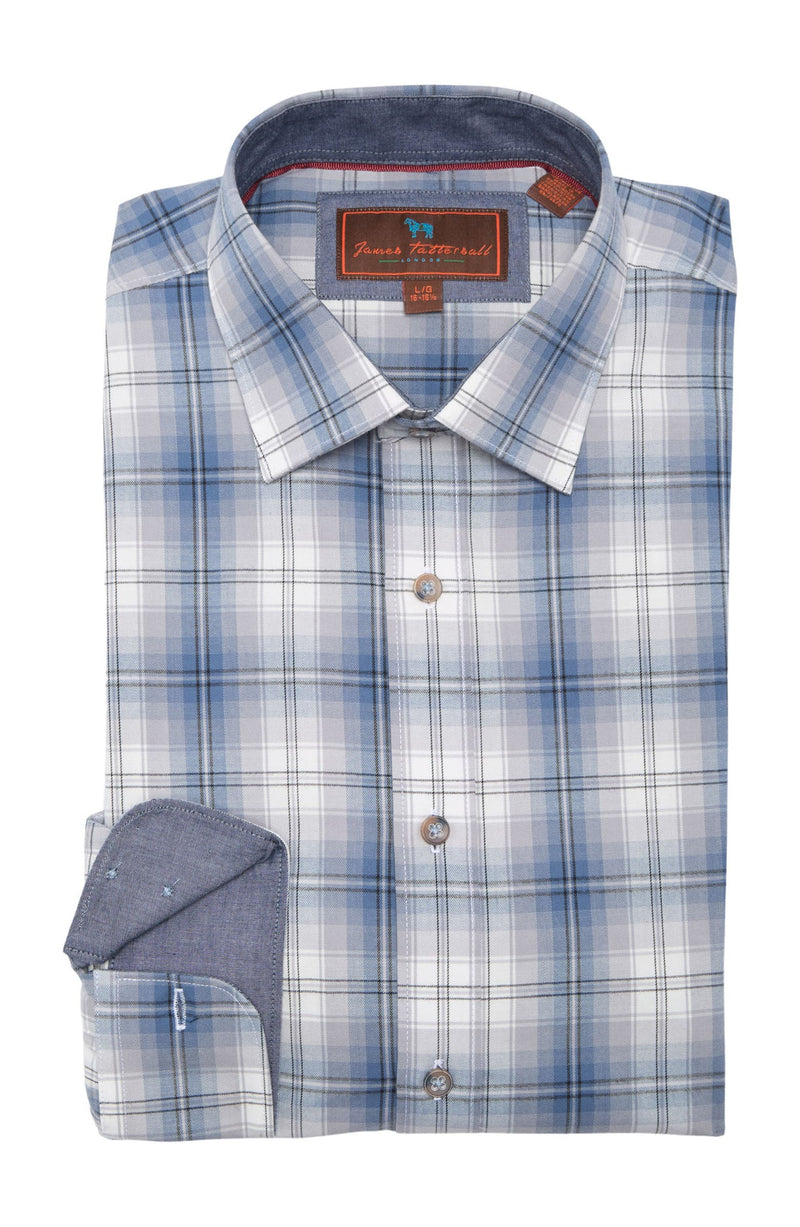 JAMES TATTERSALL Slim Fit Blue & Grey Plaid Button-up Shirt