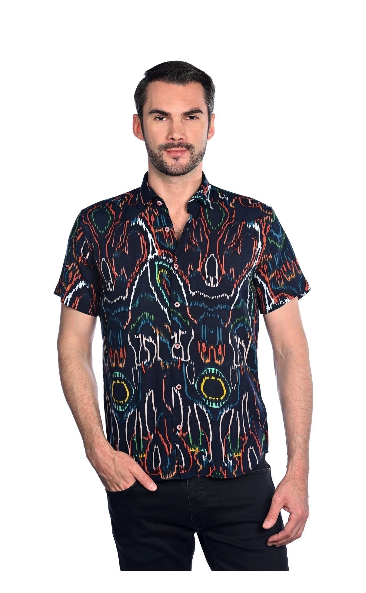 Wholesale,Mizumi, Mizumi Navy Multi Abstract Print Short Sleeve Button Up Shirt, Blue, Extra Large-48-TagXLLarge-45-TagLMedium-43-TagLExtra Large-48-TagXXLMedium-42-TagM