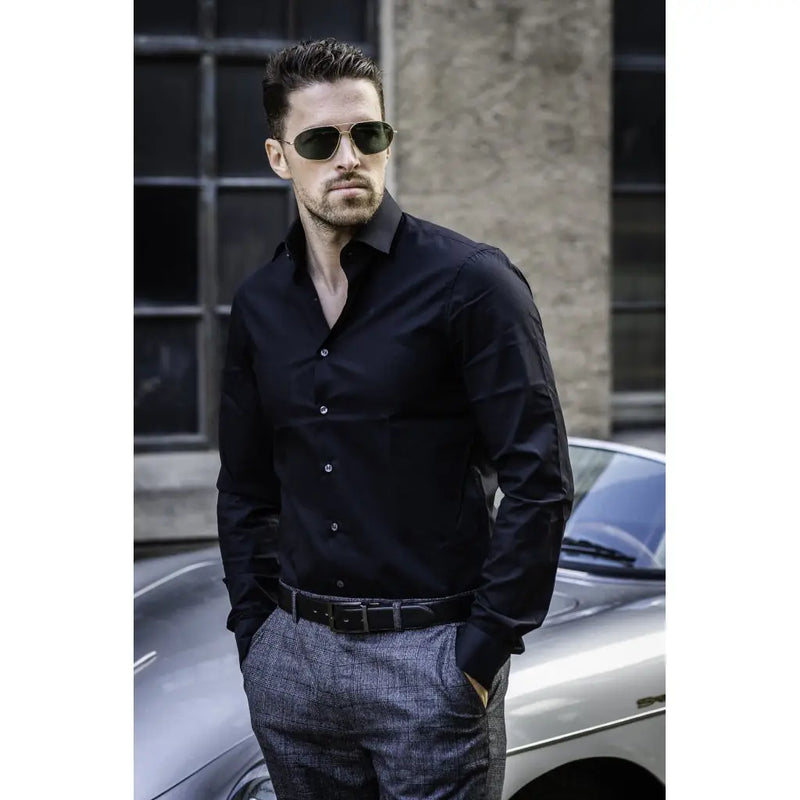 Black Slim Fit Long Sleeve Button Up