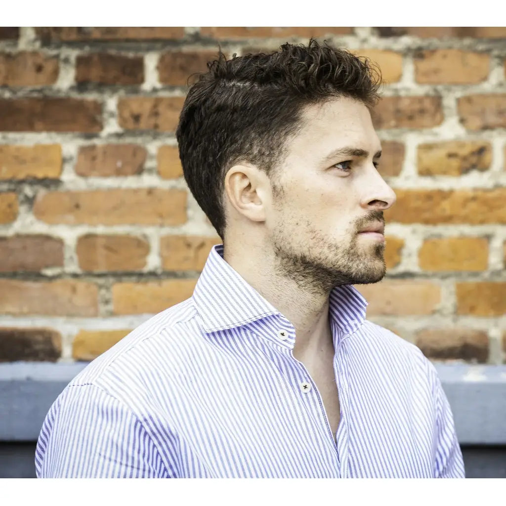 Faire,2Blind2C, 2Blind2C Light Blue Striped Oxford Shirt with Contrast Brown Stitching Long Sleeve Button Up, Blue, Medium-44-TagM