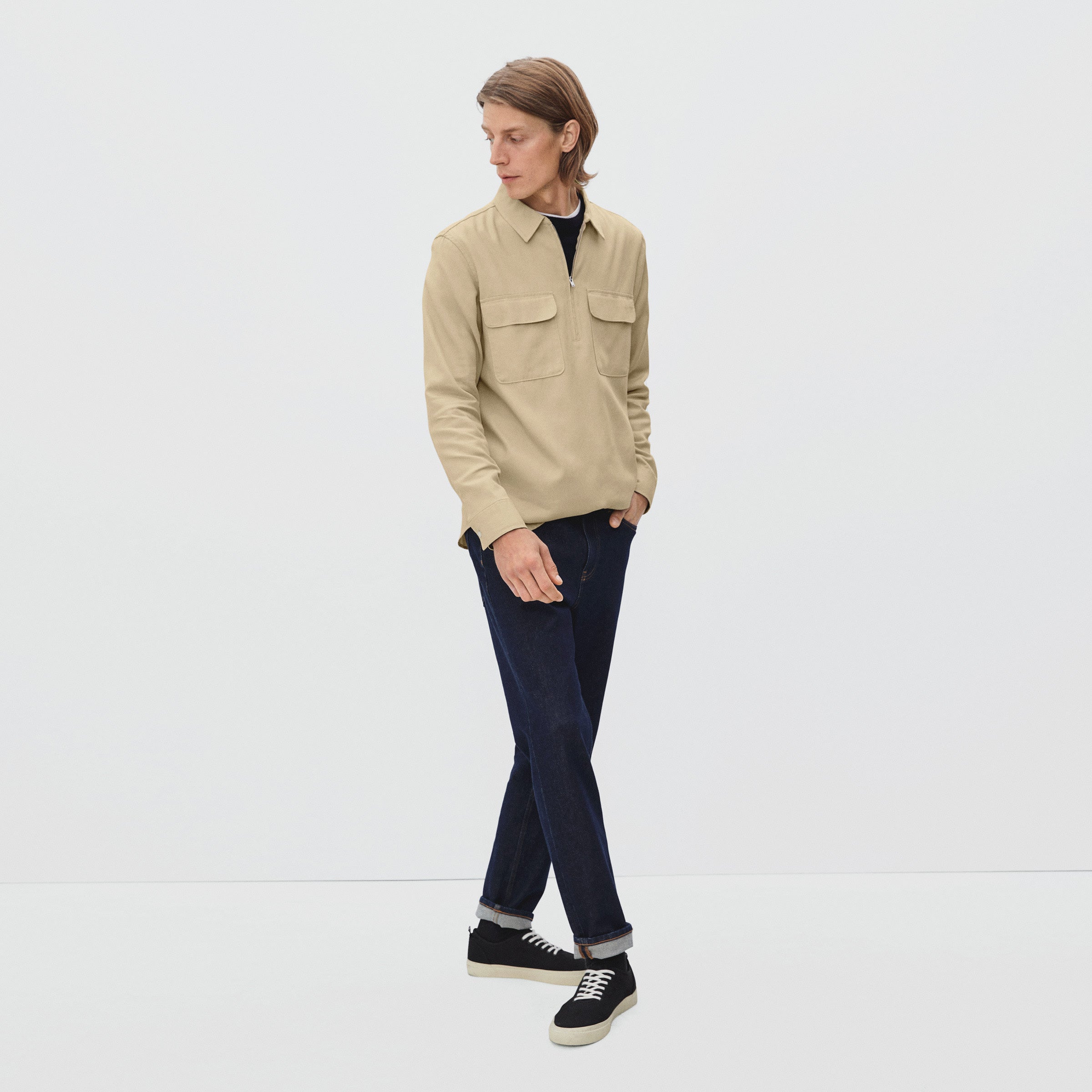 Everlane, Everlane Paige Quarter Zip Shirt, Brown, Medium-42-TagM