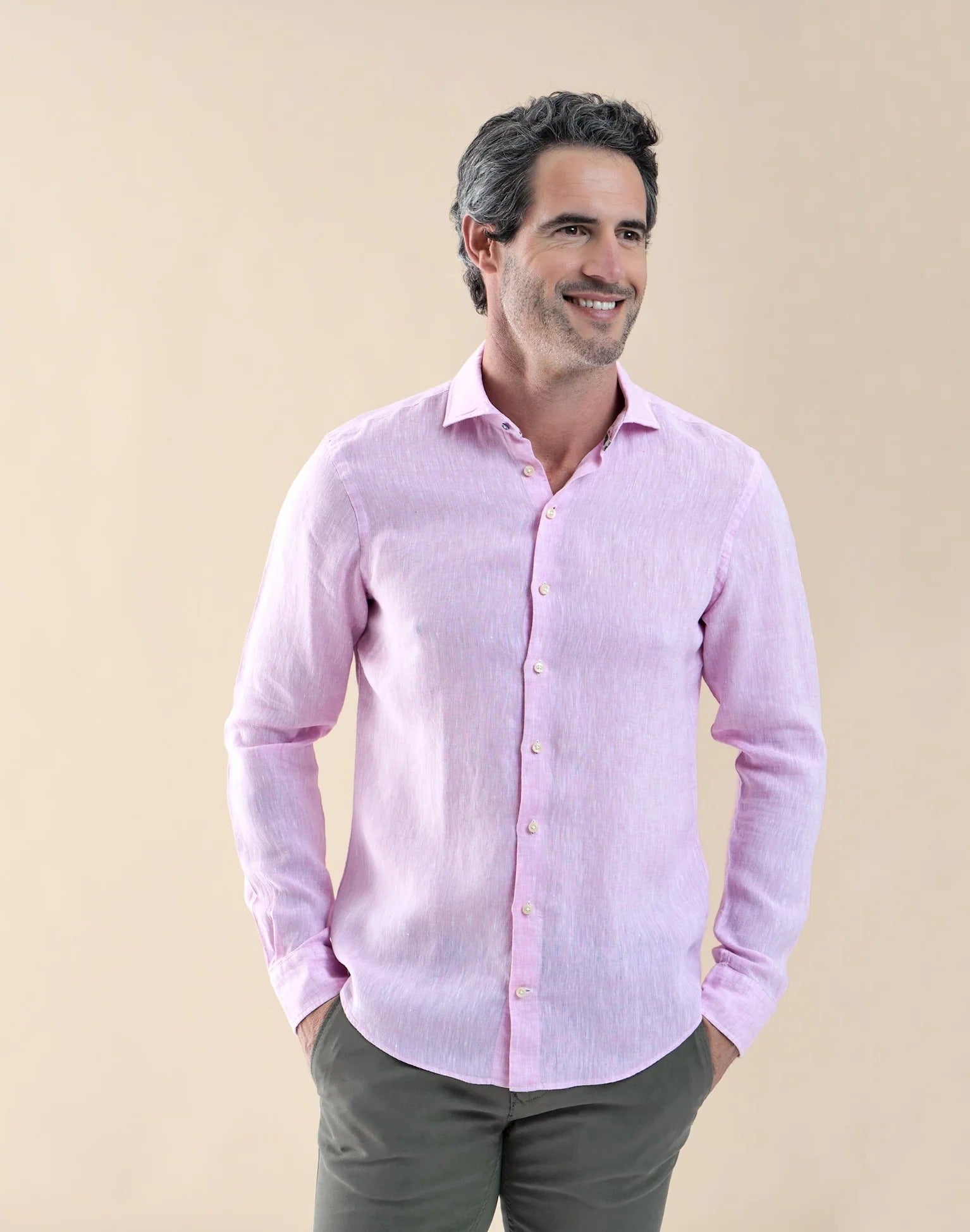 Brand Partner,R2 Amsterdam, R2 Amsterdam Light Pink Linen Long Sleeve Shirt Contrast print with Classic Buggy Paisley, Pink, Medium-43-Tag40