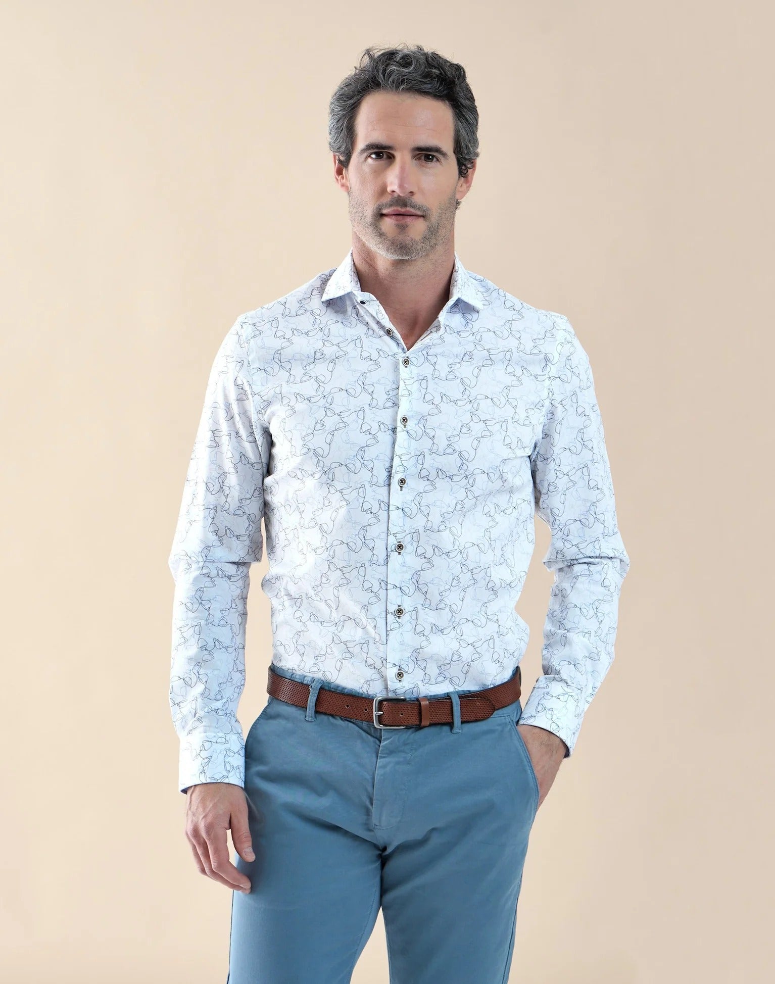 Brand Partner,R2 Amsterdam, R2 Amsterdam White Single line Cup Print Long Sleeve Button Up Shirt, White, Medium-44-Tag41Extra Large-50-Tag44