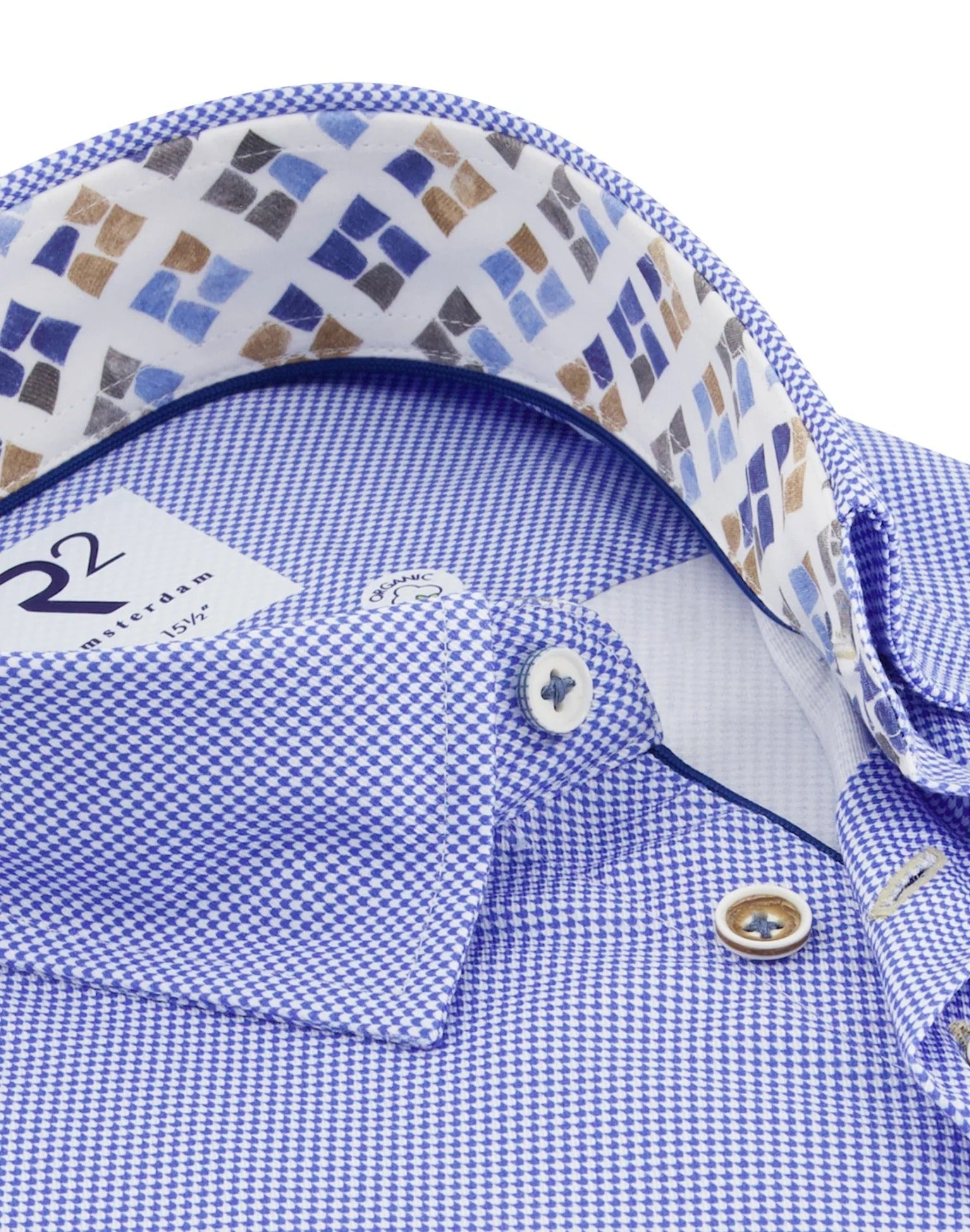 Brand Partner,R2 Amsterdam, R2 Amsterdam Blue Bird's Eye 2 PLY Long Sleeve Button Up Shirt with Cup Print Contrast, Blue, Medium-43-Tag41