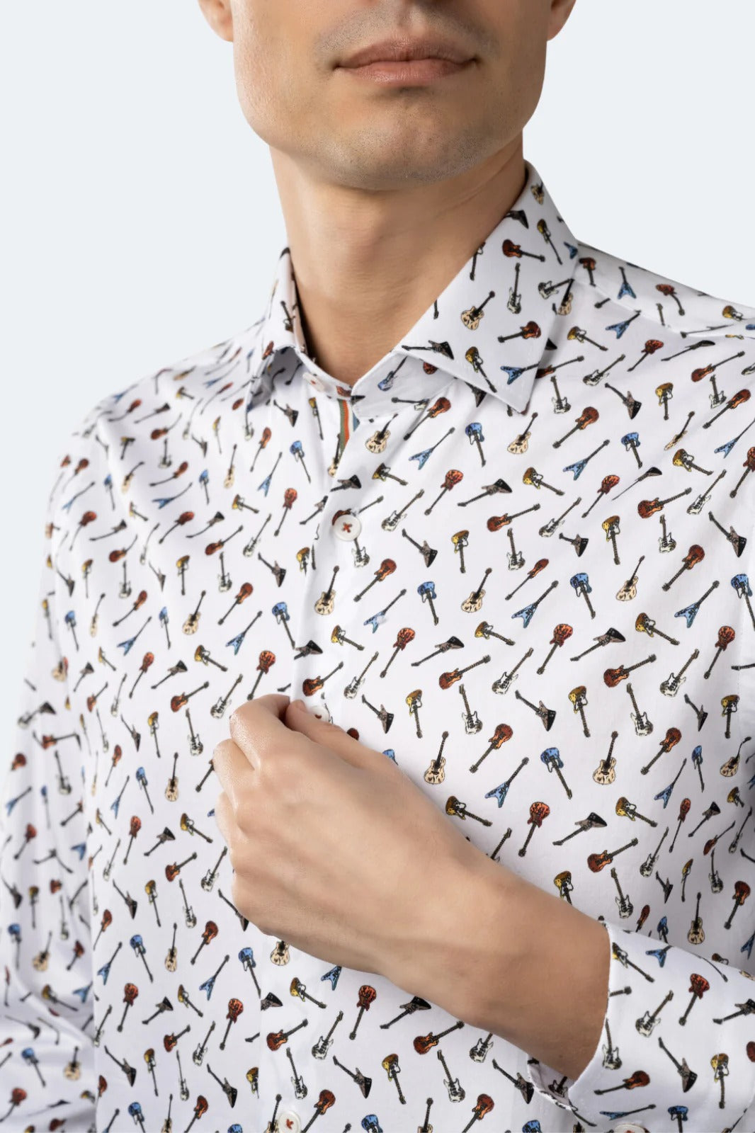 Wholesale,Luchiano Visconti, Luchiano Visconti White with Multicolor Guitar Print Long Sleeve Shirt, White, Small-41-TagSMedium-43-TagMLarge-45-TagLExtra Large-48-TagXL