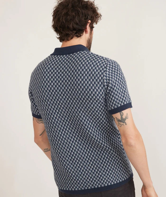 Marine Layer Blue Geo Short Sleeve Heavy Knit Button Down