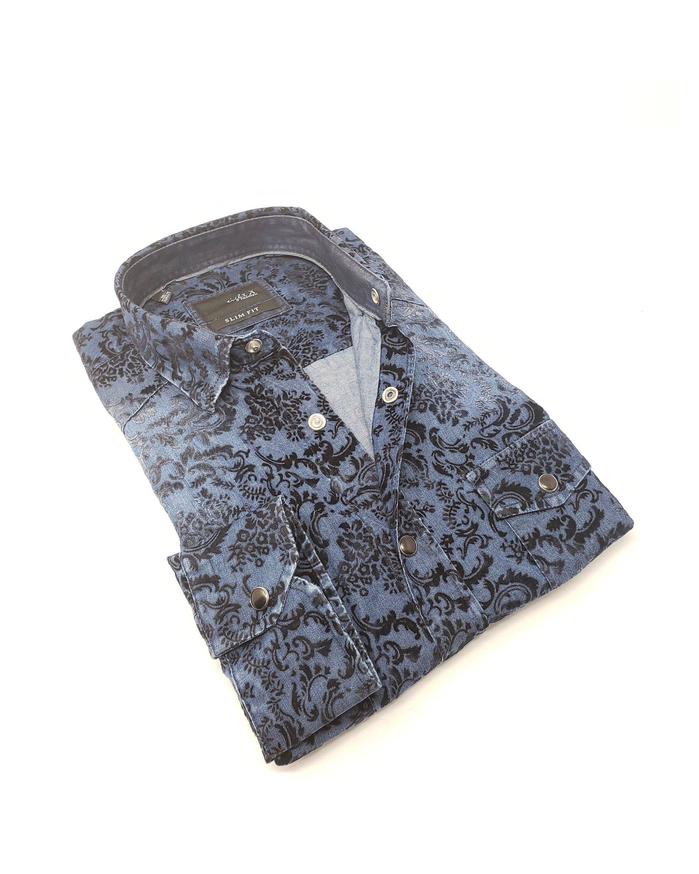 Faire,Eight X, Eight X Blue Denim w/ Flocking Snap Button Up, Blue, Small-41-TagM