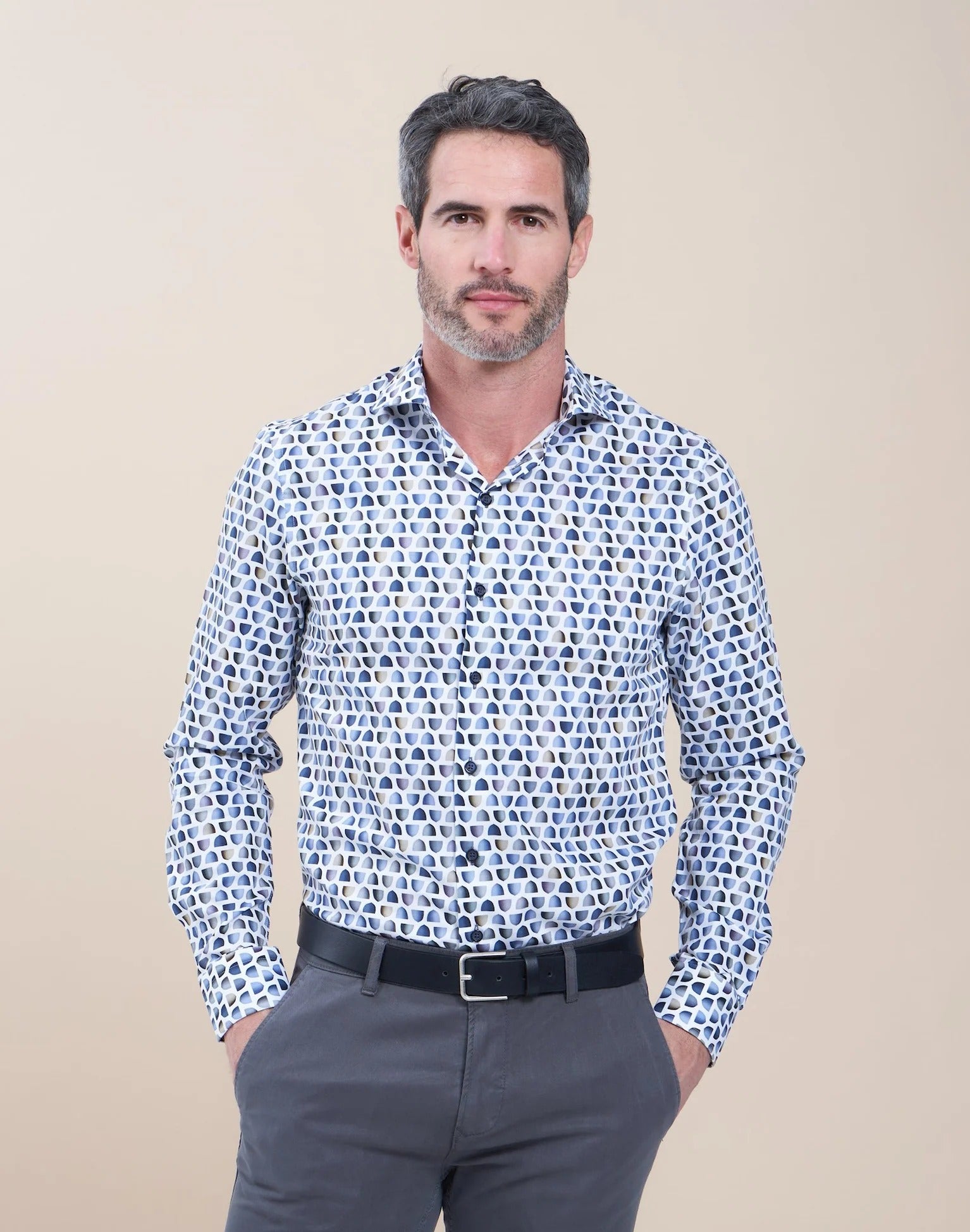 Brand Partner,R2 Amsterdam, R2 Amsterdam Blue/White Lamp Print Long Sleeve Button Up Shirt, Blue, Large-47-Tag43