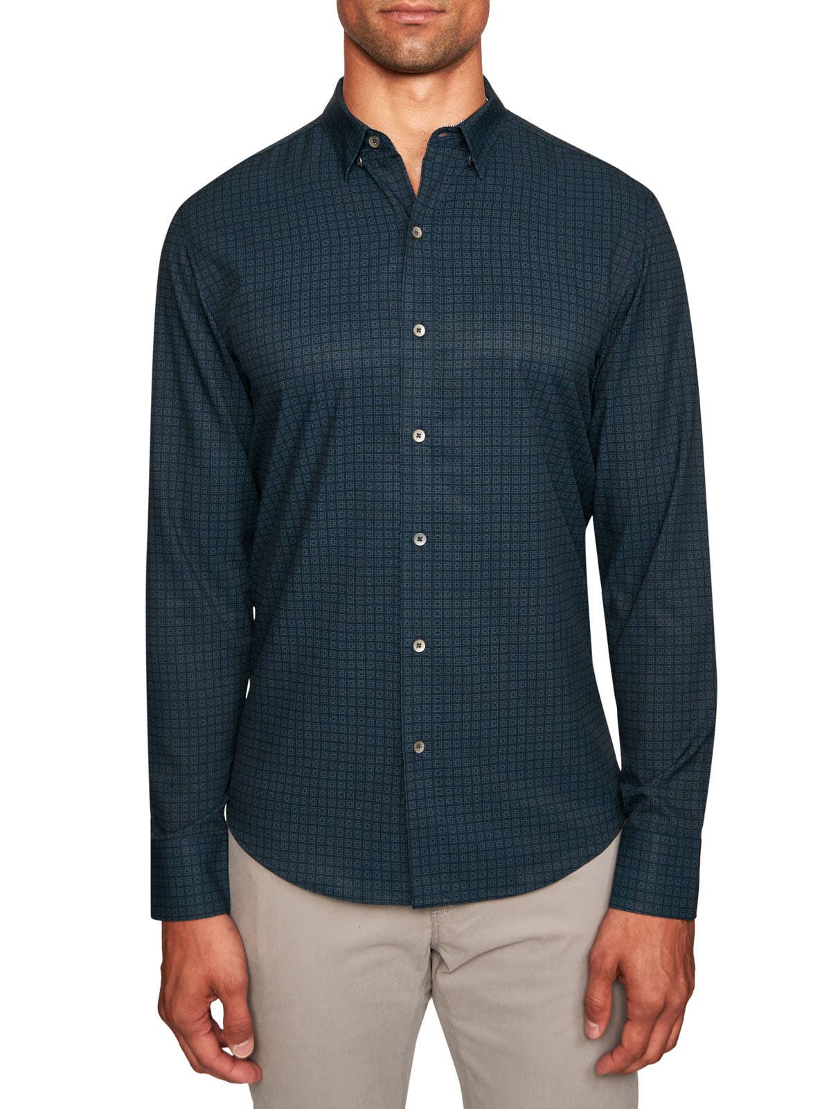 Faire,W.R.K., W.R.K Dark Teal Grid Print 4-Way Stretch Long Sleeve Button Up Shirt, Blue, Extra Large-46-TagXL