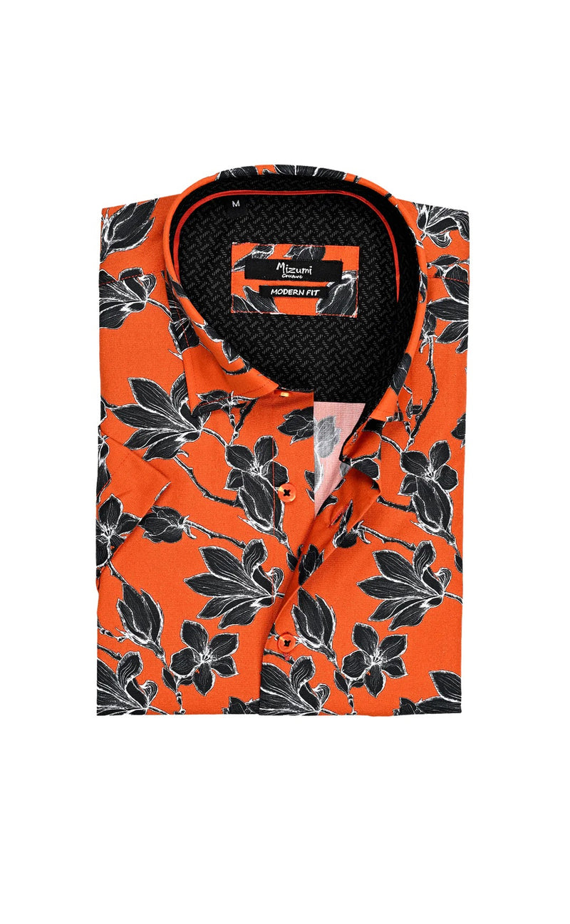 Mizumi Cinnamon/Black Floral Print Short Sleeve Button Up Shirt