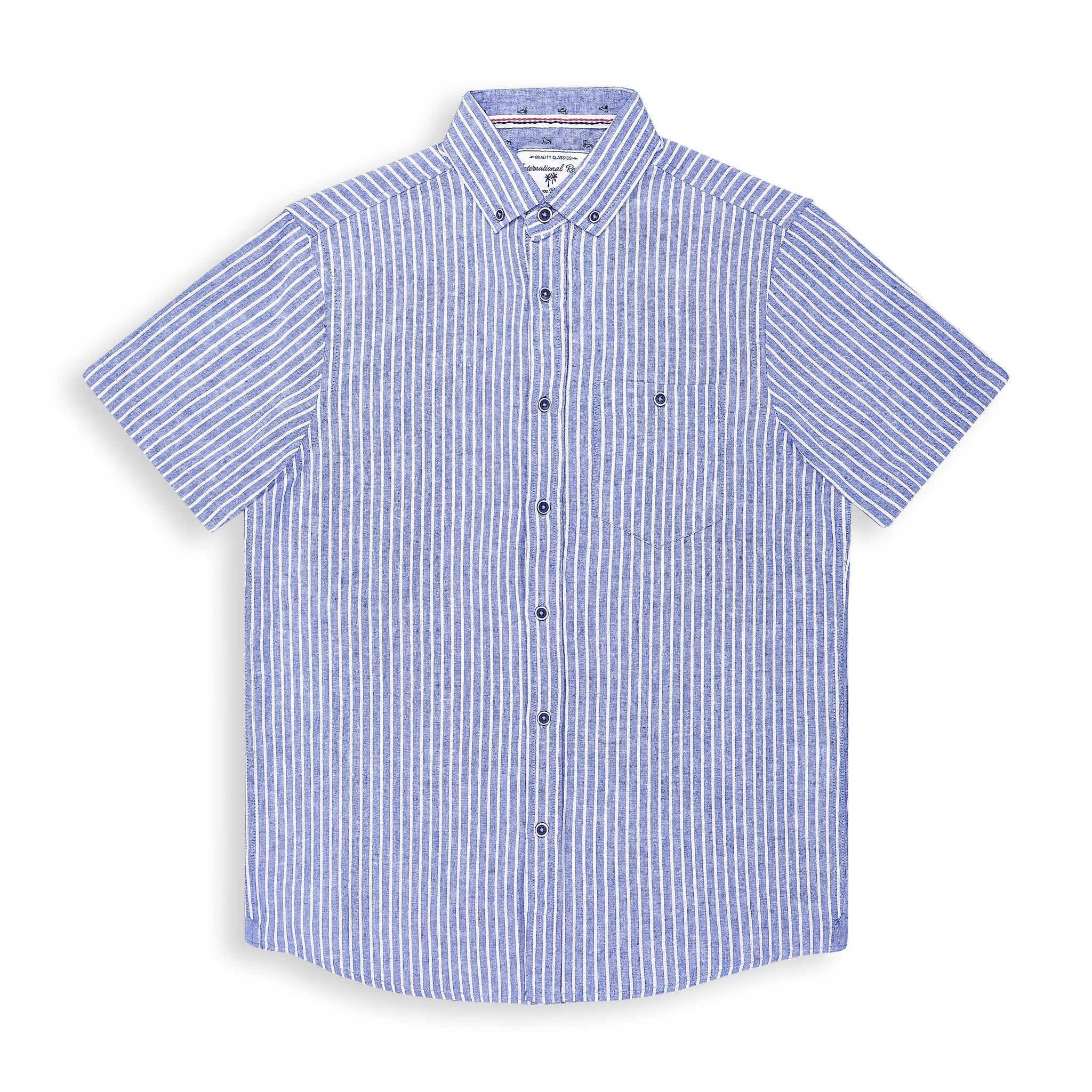 Brand Partner,International Report, International Report Blue Striped Short Sleeve Button Up, Blue, Medium-43-TagM