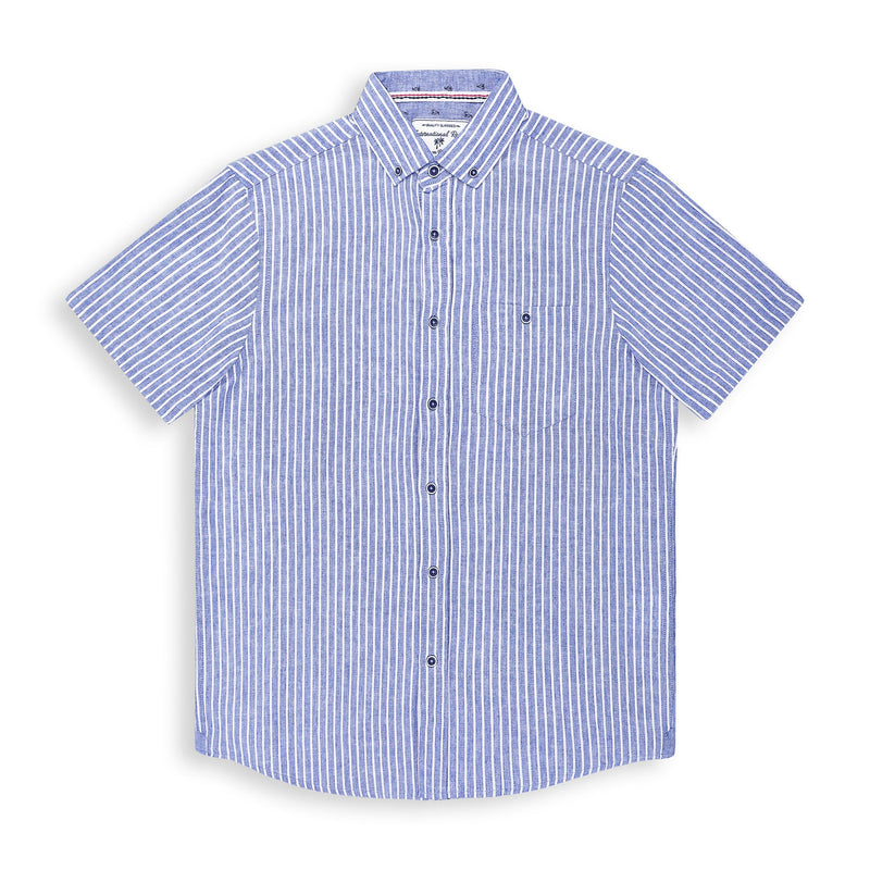 International Report Blue Striped Short Sleeve Button Up