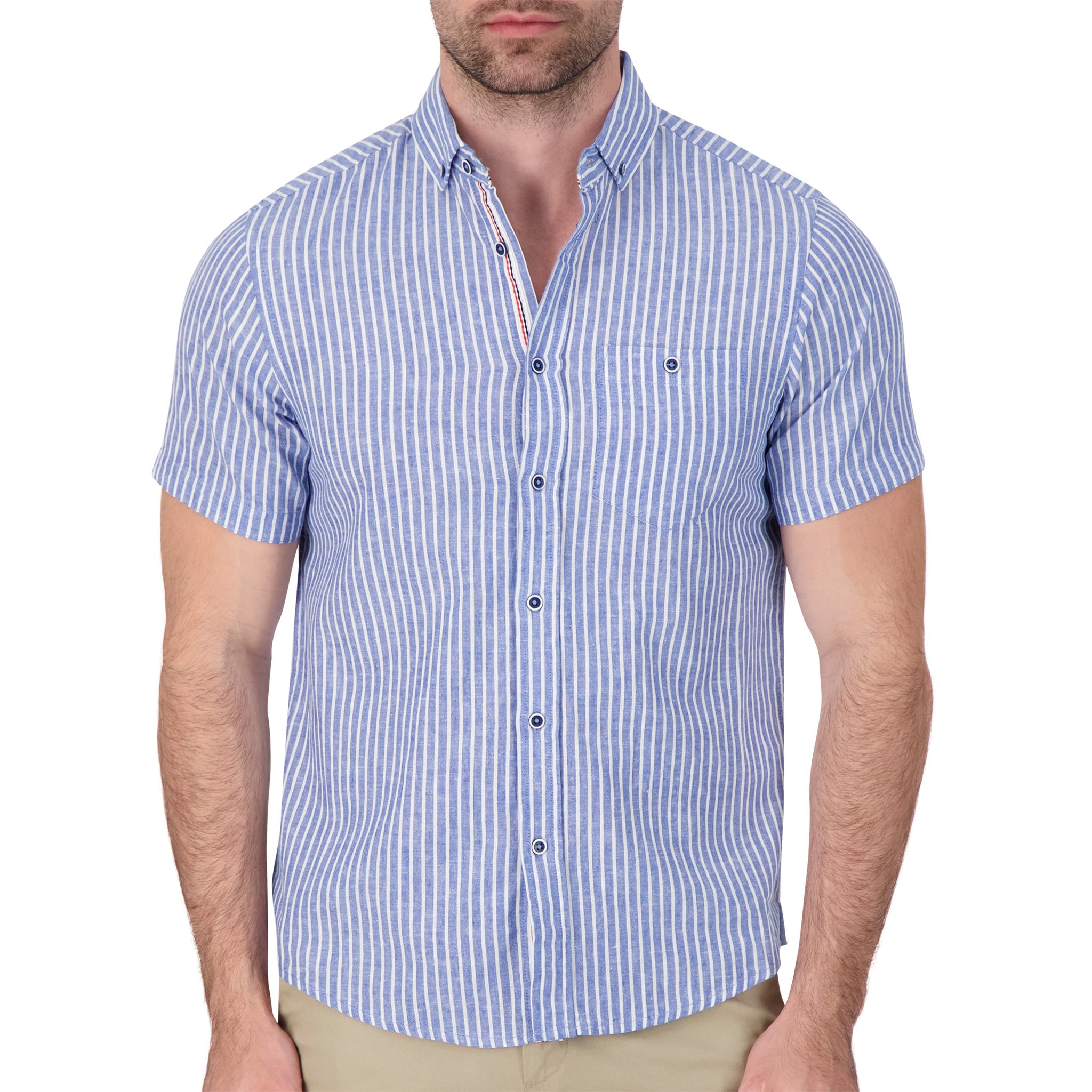 Brand Partner,International Report, International Report Blue Striped Short Sleeve Button Up, Blue, Medium-43-TagM