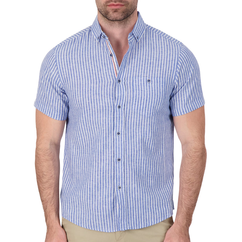 International Report Blue Striped Short Sleeve Button Up